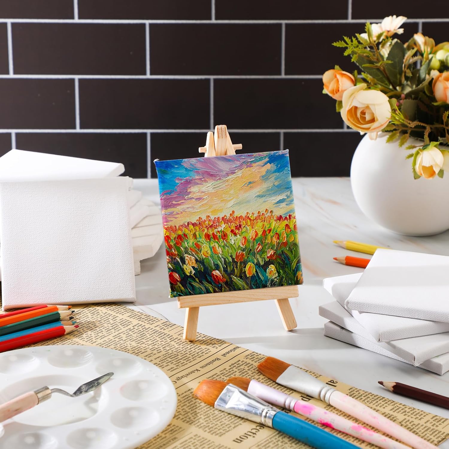 Yeaqee 50 Pcs Mini Painting Canvases Stretched Canvases Panels Square Blank White Small Canvas Boards for Oil, Acrylic Watercolor Paint Painting