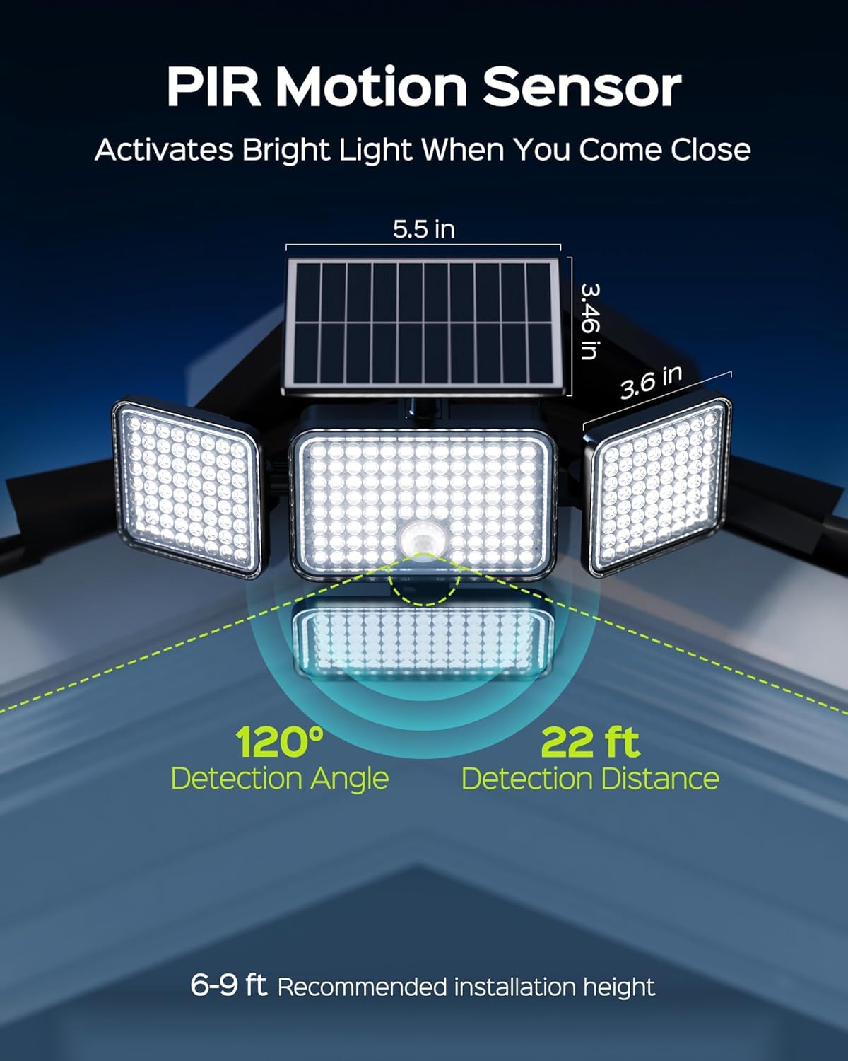 JACKYLED Luces solares para exteriores, luces solares con sensor de movimiento de 2500 lúmenes, 304 LED, 4 cabezales, luces solares para exteriores