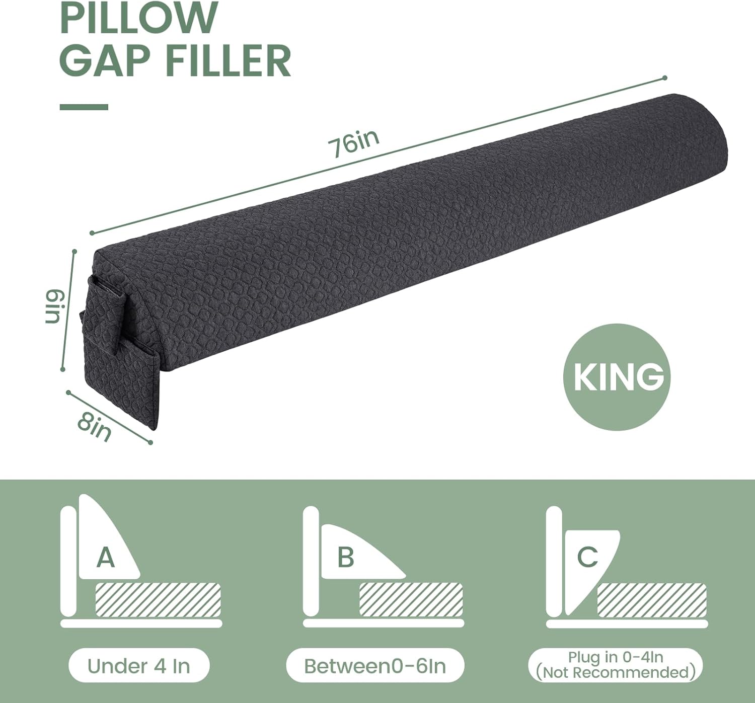 Cabecero de almohada de cuña con funda extraíble, relleno de espacio de cama (0-6 pulgadas), tamaño King (76 x 8 x 6 pulgadas) para dormir, almohada