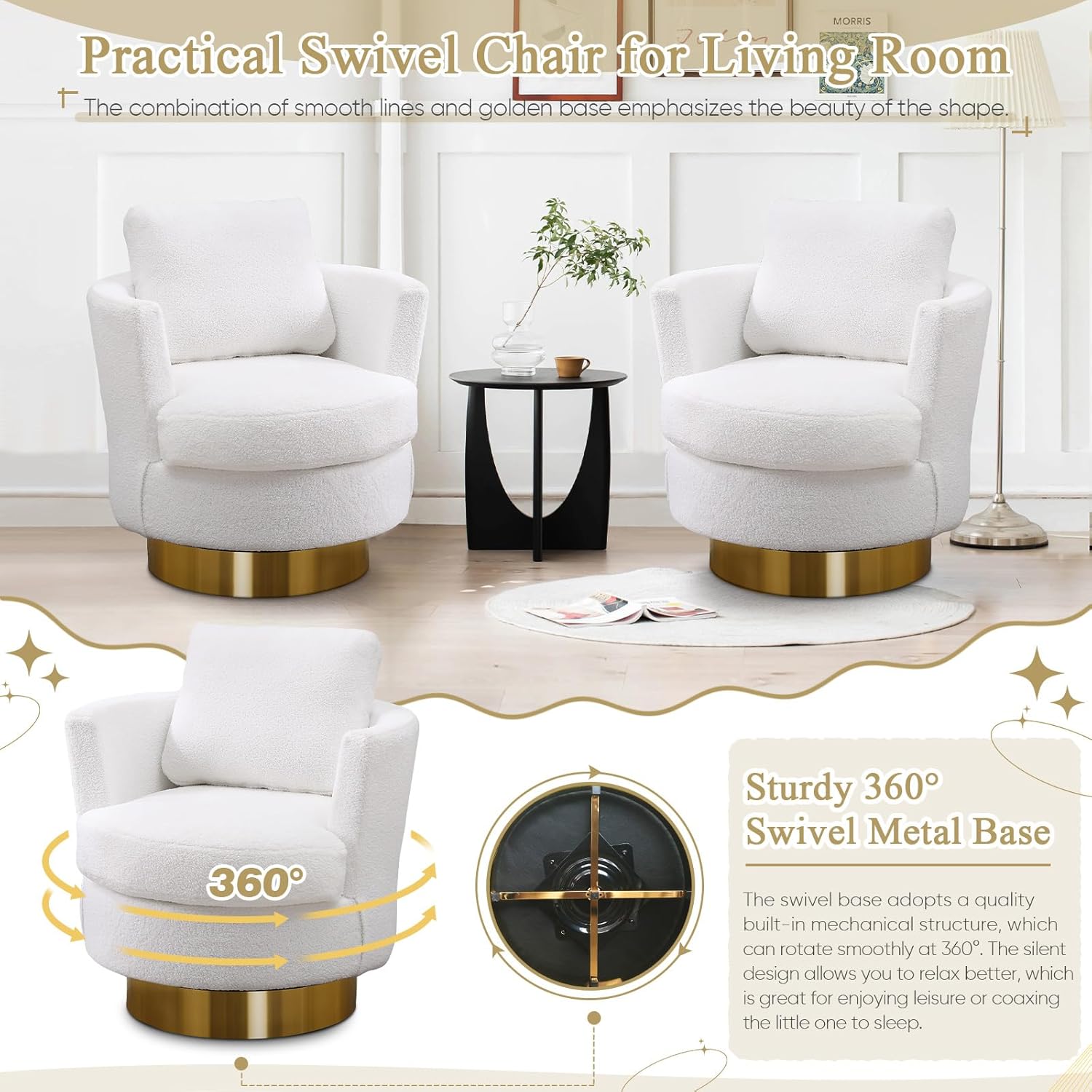 Silla giratoria tapizada, cómoda silla decorativa con almohada lumbar, silla redonda giratoria de 360, moderna silla de sherpa para guardería, sala