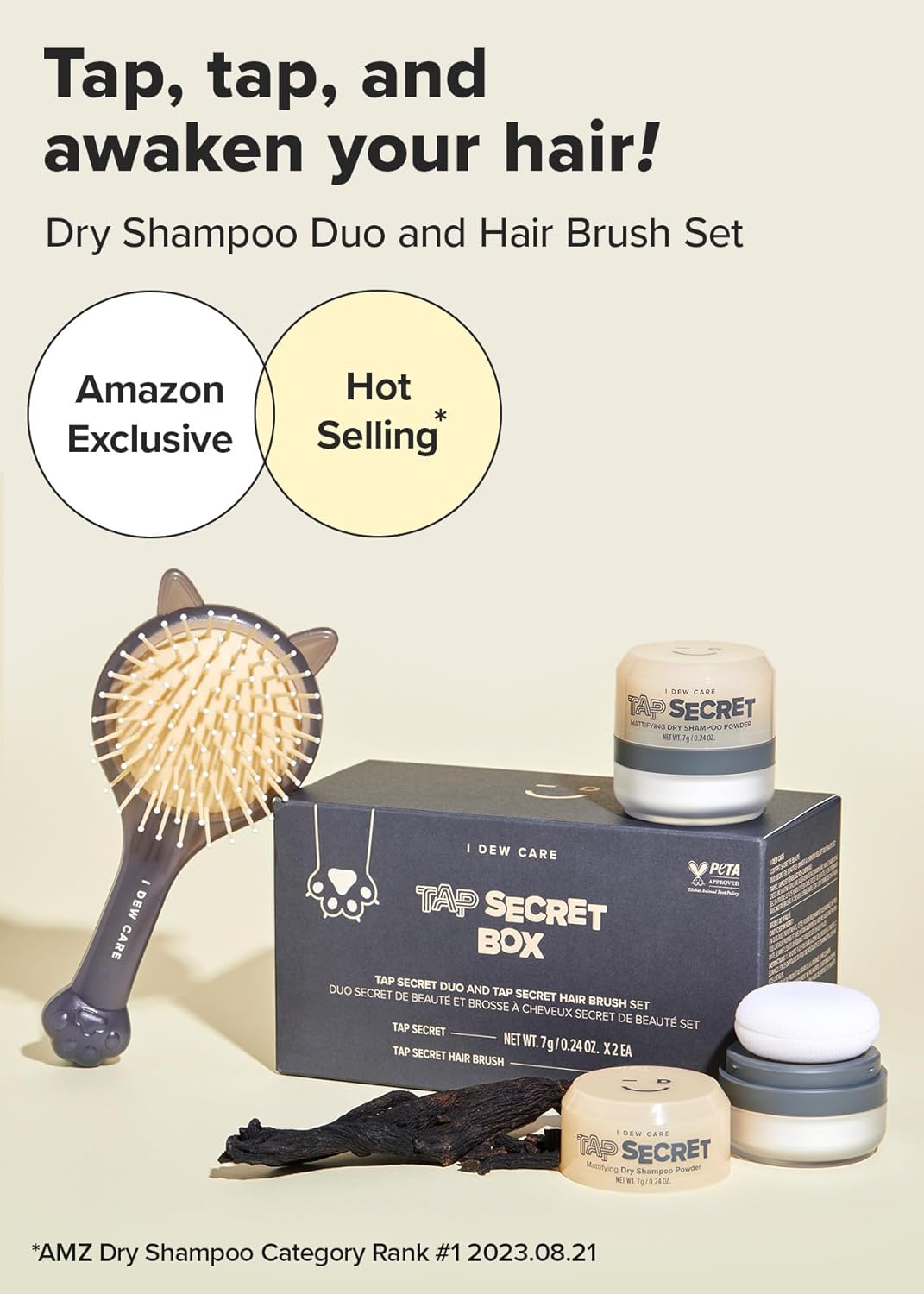 I DEW CARE – Juego de champú seco y cepillo para el cabello – Tap Secret Box  Cabello de aspecto más completo, sin aerosol, sin benceno, cepillo