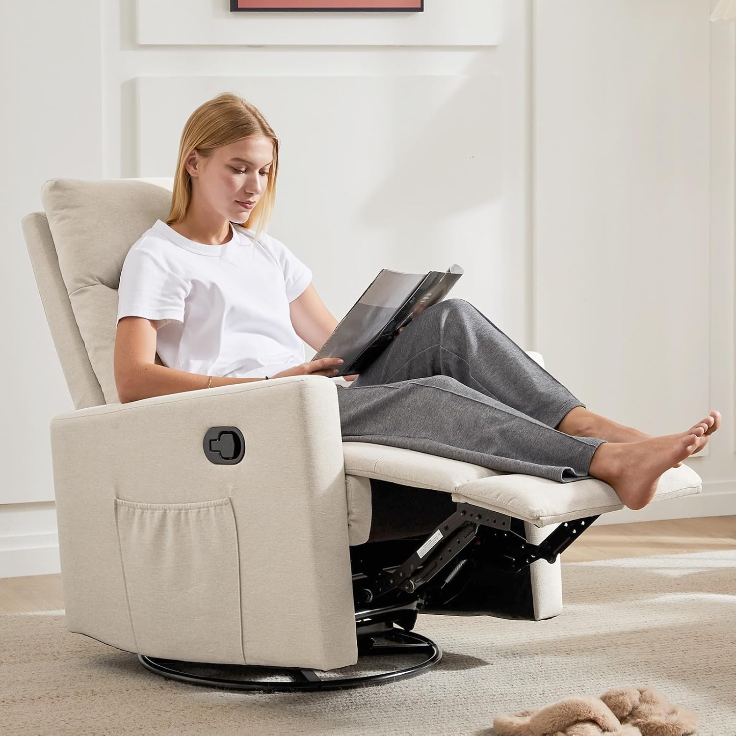 Sweetcrispy Mecedora giratoria reclinable, silla de guardería para sala de estar con reposapiés extragrande, respaldo alto, asiento profundo