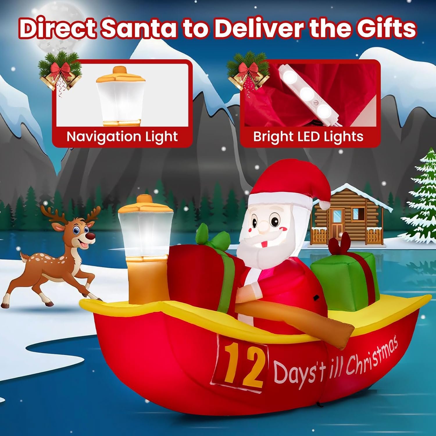Tangkula Barco inflable de remo de Papá Noel de 7 pies con luz de navegación, cuenta regresiva para Navidad, decoración iluminada al aire libre con