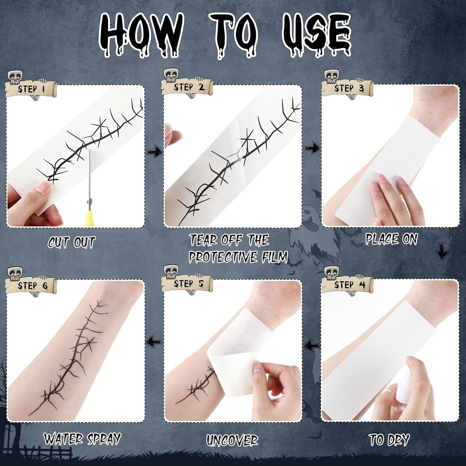 Yeaqee 30 hojas de tatuajes de puntada de Halloween, tatuajes temporales falsos, tatuajes temporales de Halloween, tatuajes de maquillaje de puntada