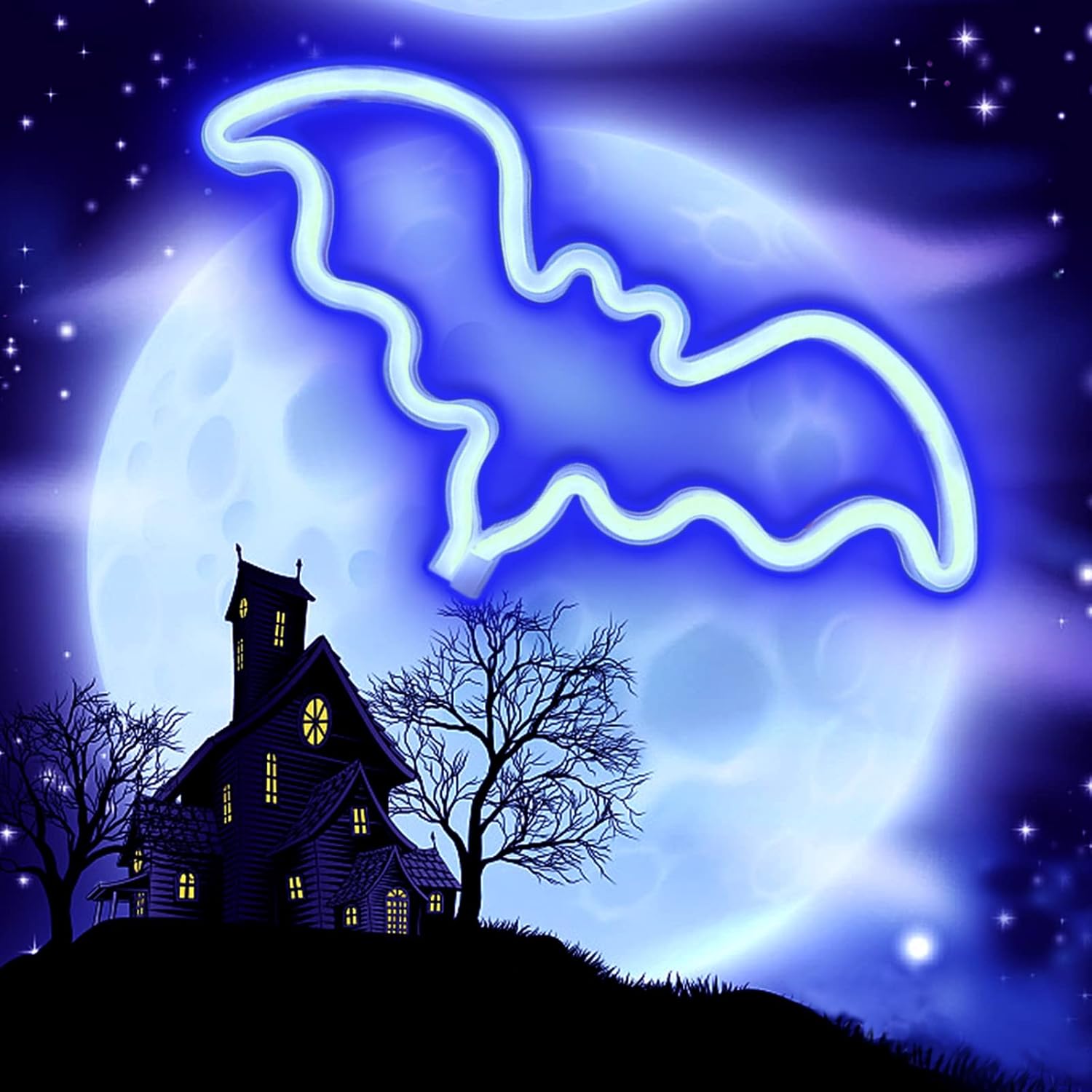 UrsaMajor Letreros de neón de murciélago para Halloween, luces decorativas de neón azules, luces LED de neón para pared, funciona con bateríasUSB,
