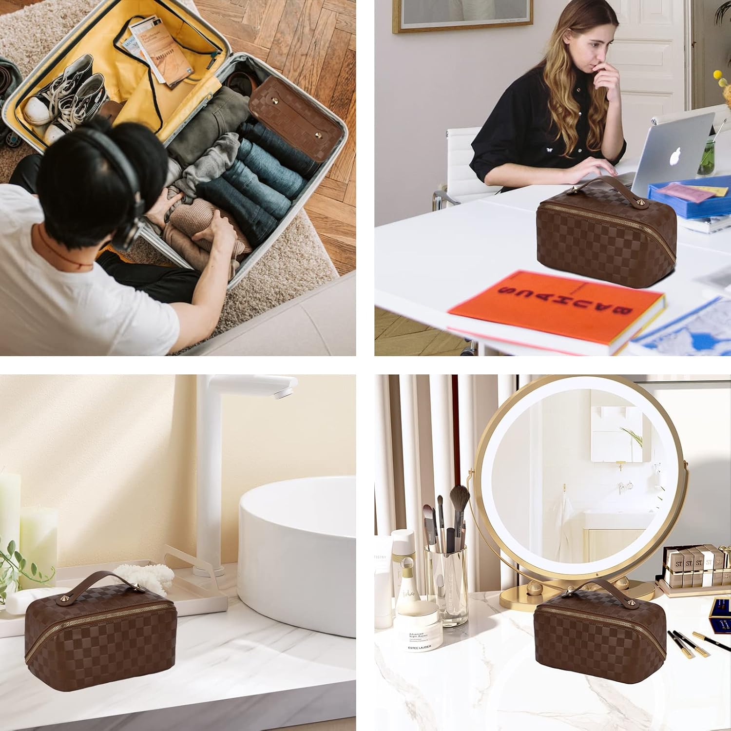 Bolsa de cosméticos – bolsa de cosméticos con patrón de verificación – bolsa portátil impermeable para el cuidado de la piel – bolsa de cosméticos