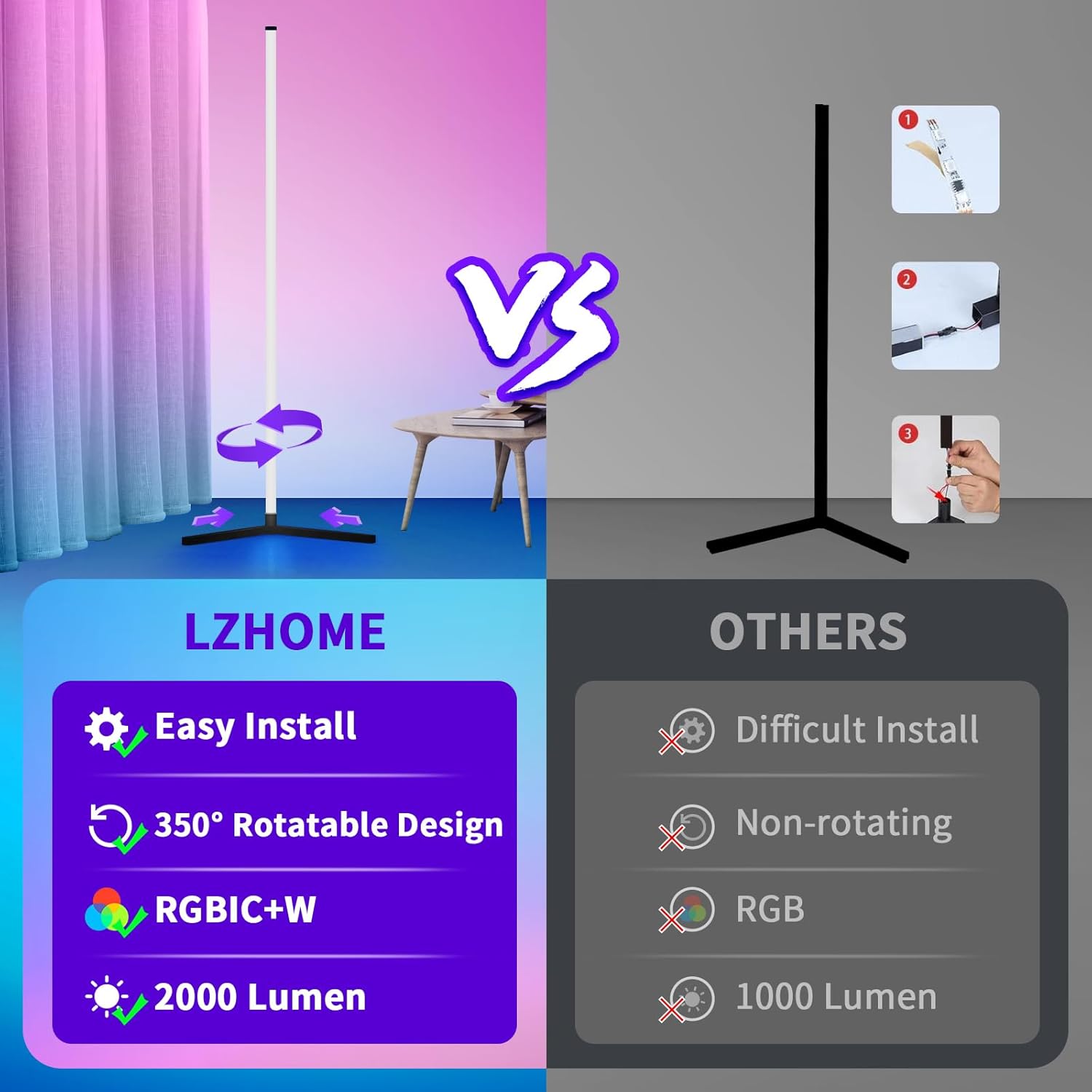 Lámpara de pie de esquina giratoria Regulable que cambia de color, lámparas de esquina de pie LED Smart App Control Iluminación RGB lámpara de
