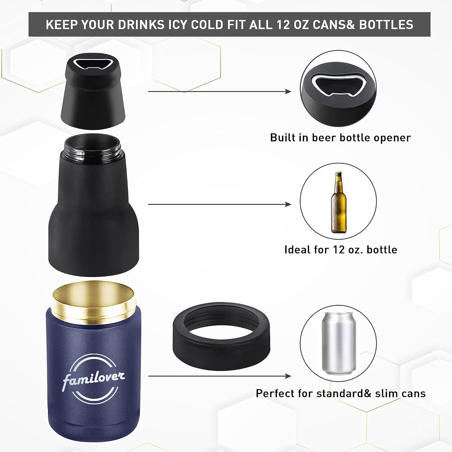 Abrelatas de botellas de cerveza acero inoxidable de doble pared aislado al vacío 4 en 1 con abridor de cerveza, se adapta a latas estándar de 12
