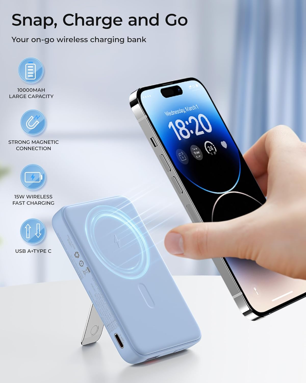 BENKS Funda para iPhone 15 Plus fabricada con fibra de aramida Kevlar 600D + banco magnético MagClap StandGo de 10000 mAh