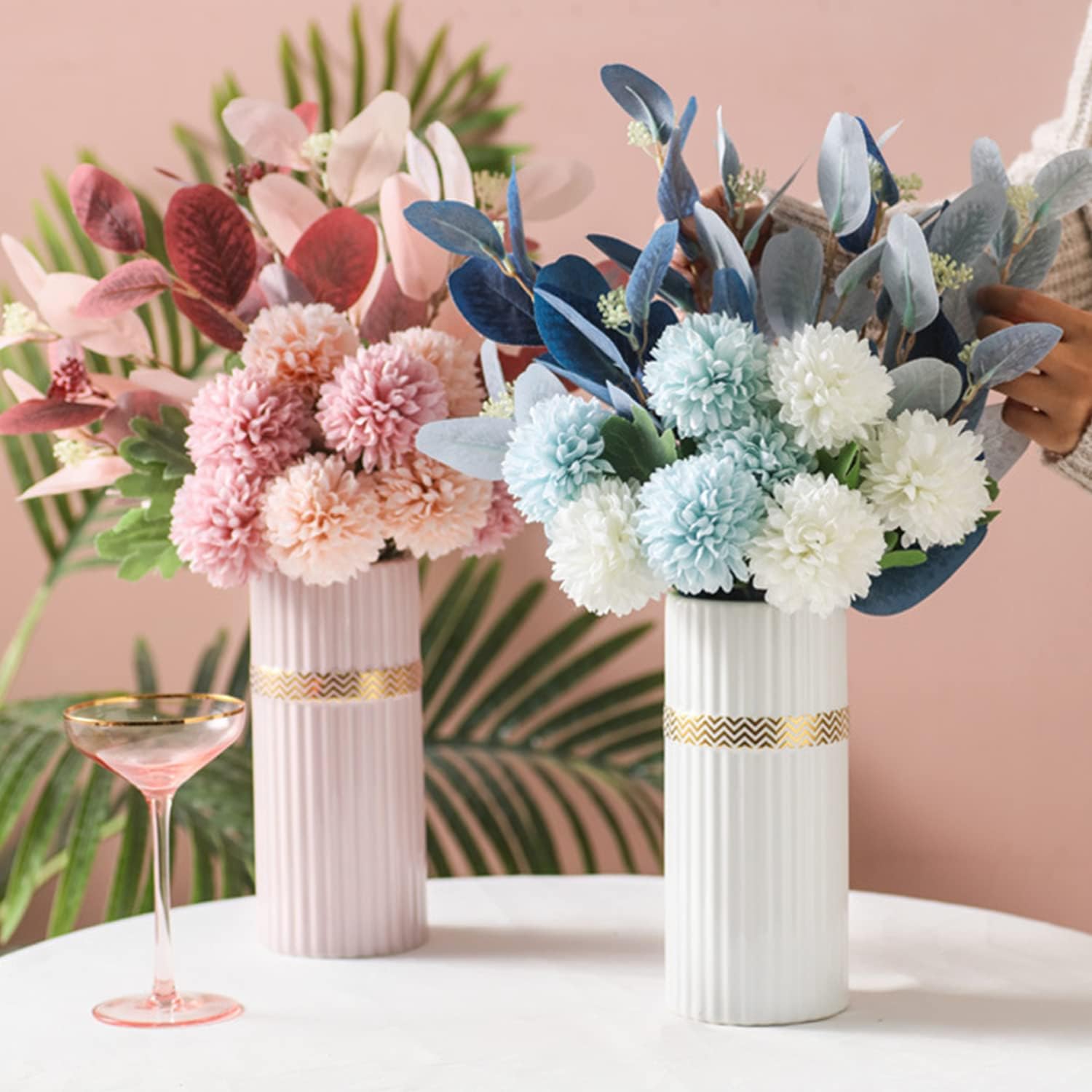 Disoza Jarrón de cerámica para decoración del hogar, jarrones de flores modernos rosas para sala de estar, 8.5 pulgadas de alto x 3.7 pulgadas de