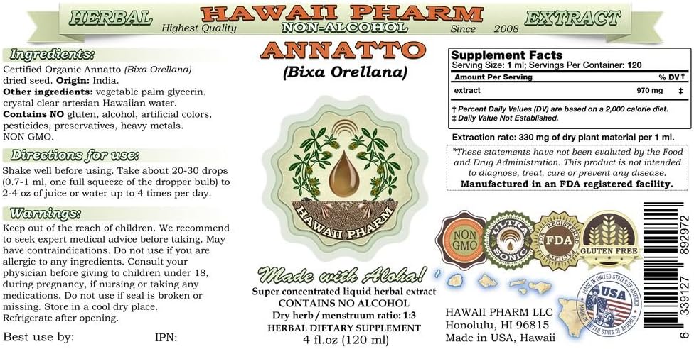 Annatto Extracto líquido sin alcohol, Annatto orgánico (Bixa Orellana) Suplemento herbario de glicerita de semillas secas 4 onzas