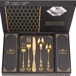 Juego de cubiertos retro dorado real con caja de regalo para 8 cubiertos, cubiertos de acero inoxidable, 40 piezas, juego de vajilla de cocina para Juego de cubiertos retro dorado real con caja de regalo para 8 cubiertos, cubiertos de acero inoxidable, 40 piezas, juego de vajilla de cocina para