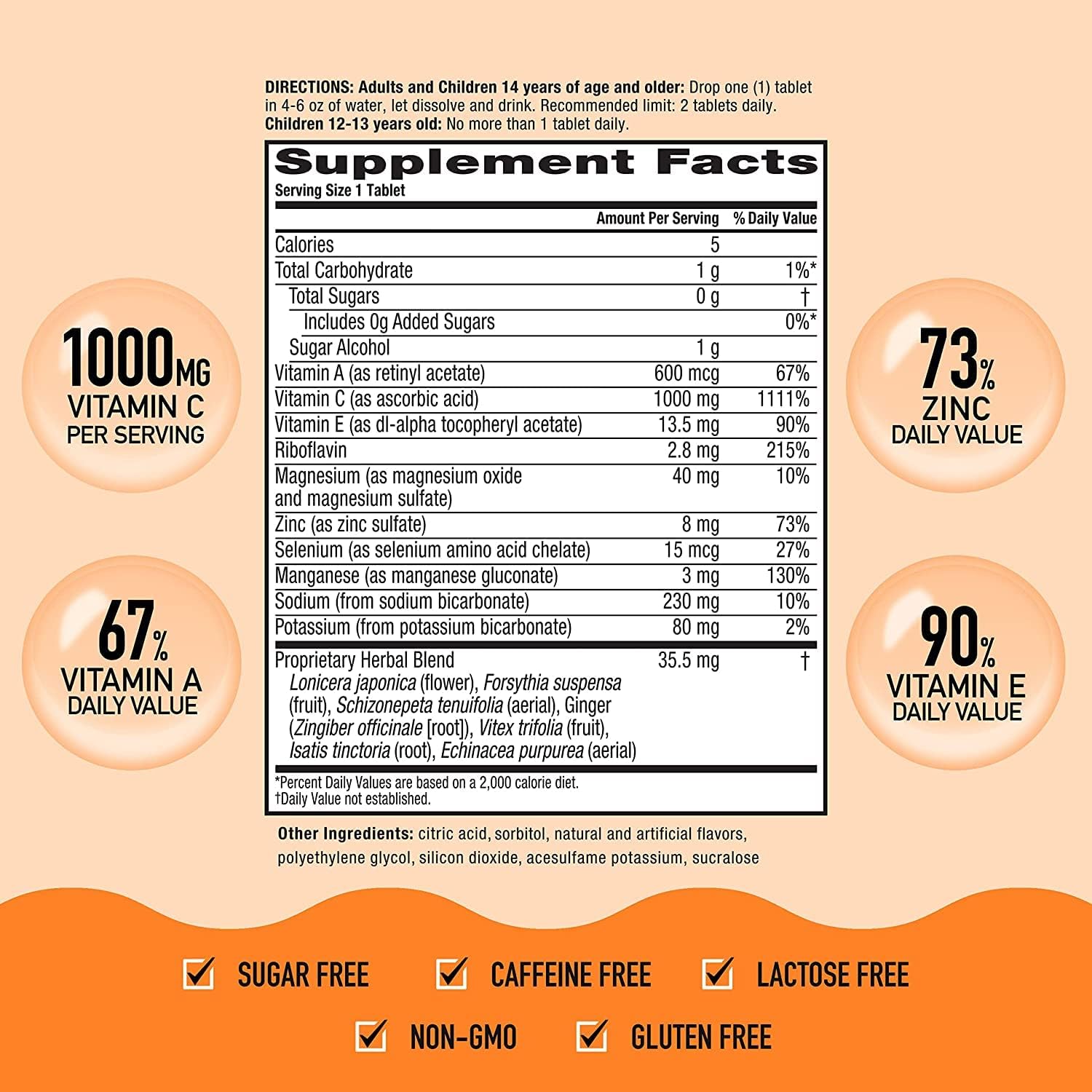 Airborne 1000 mg de vitamina C con tabletas efervescentes de zinc, suplemento de apoyo inmunológico con potentes antioxidantes, vitaminas A, C y E,