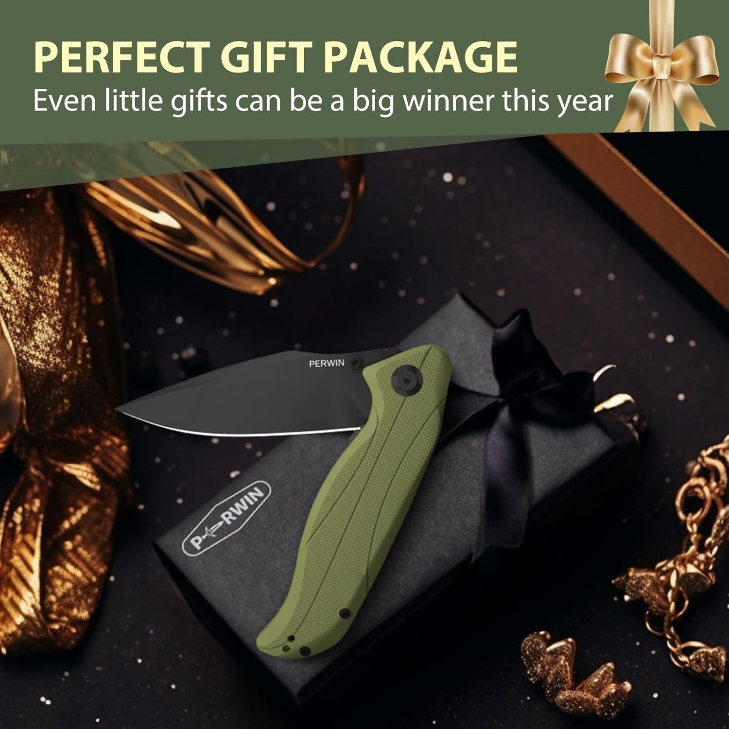 PERWIN Cuchillo de bolsillo  Cuchillo plegable con clip de bolsillo, cuchillo EDC para hombres, hoja D2 G10, regalo para hombres, marido, niño,