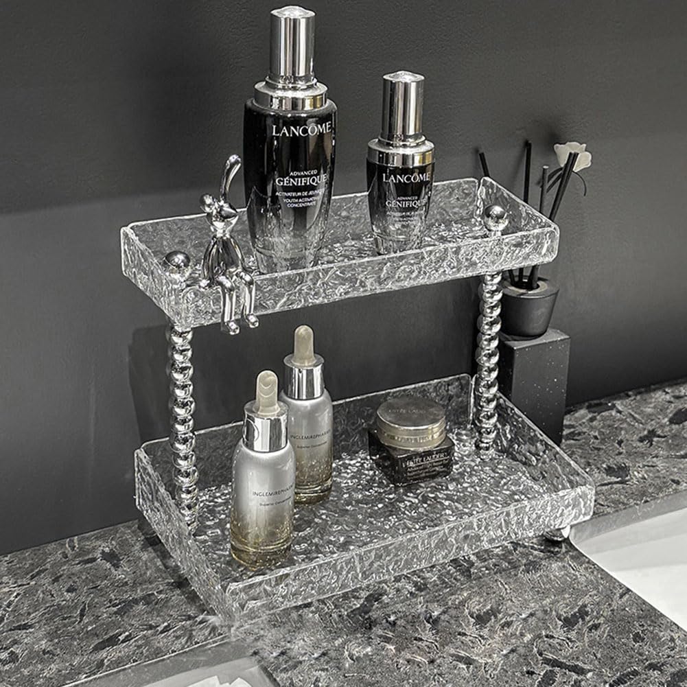 Soporte de escritorio de 2 niveles, organizador de encimera de baño, bandeja acrílica con textura de piedra translúcida para especias,