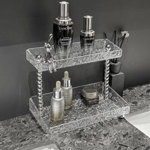Soporte de escritorio de 2 niveles, organizador de encimera de baño, bandeja acrÃlica con textura de piedra translúcida para especias, Soporte de escritorio de 2 niveles, organizador de encimera de baño, bandeja acrÃlica con textura de piedra translúcida para especias,