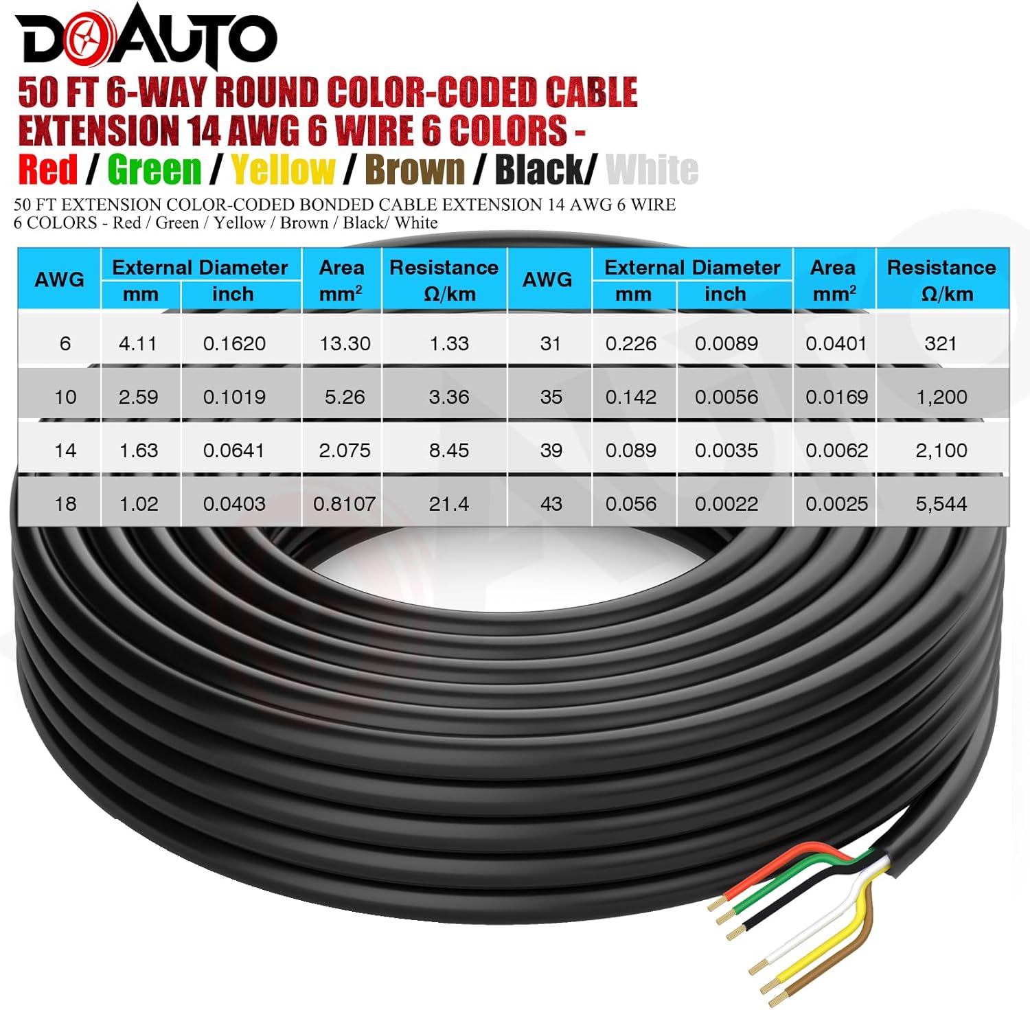 Cable de arnés de cable de remolque de 50 pies, resistente, 14 AWG, 6 cables de enganche de remolque de caravana de PVC individualmente flexible