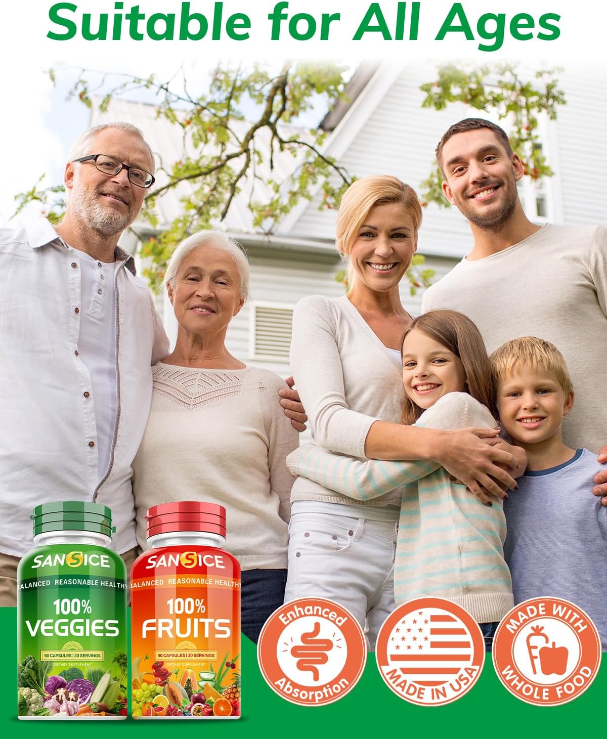 SANSICE Suplemento de frutas y verduras, vitaminas 100% naturales de frutas y verduras, sin soja y sin OMG, suplementos de verduras y frutas para