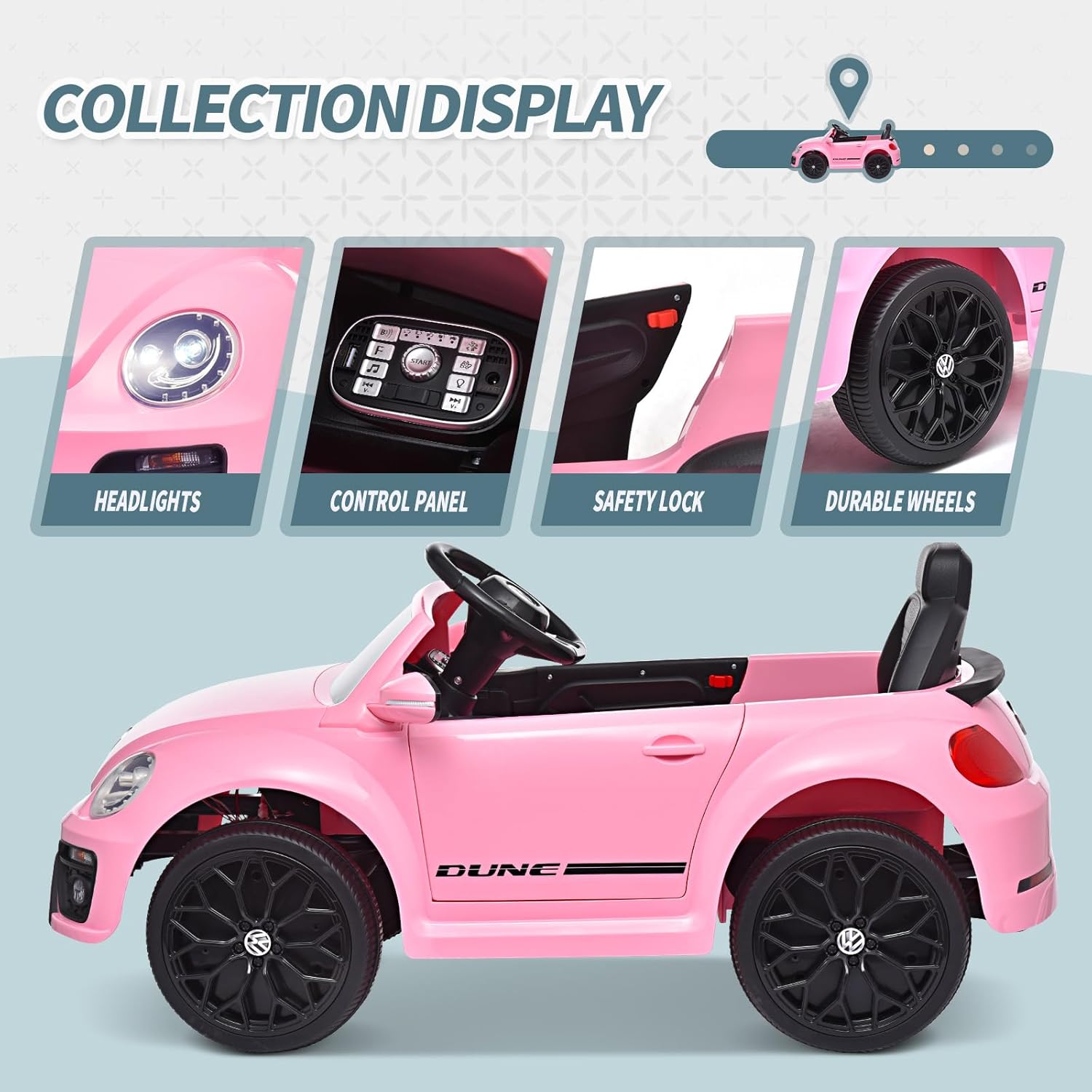 Joywhale Vehículo eléctrico de 12 V para niños, compatible con Volkswagen Beetle, con control remoto de 2.4 G, 3 velocidades, suspensión de resorte,