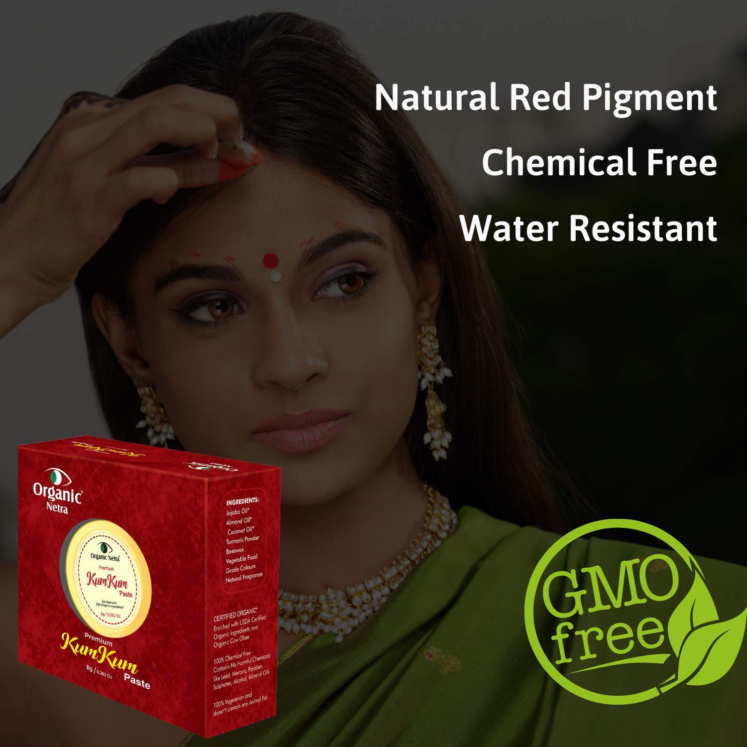 Organic Netra Pasta SindoorKumkum  Impermeable de larga duración, a prueba de manchas  Color rojo profundo puro y natural, de larga duración