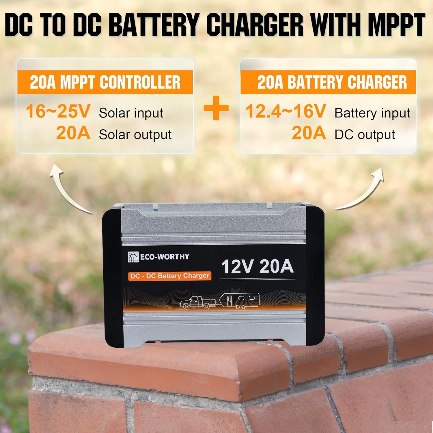 ECO-WORTHY Cargador de 12V 20A DC a DC con controlador de carga solar integrado, cargador de batería a bordo 2 en 1 con batería de litio MPPT