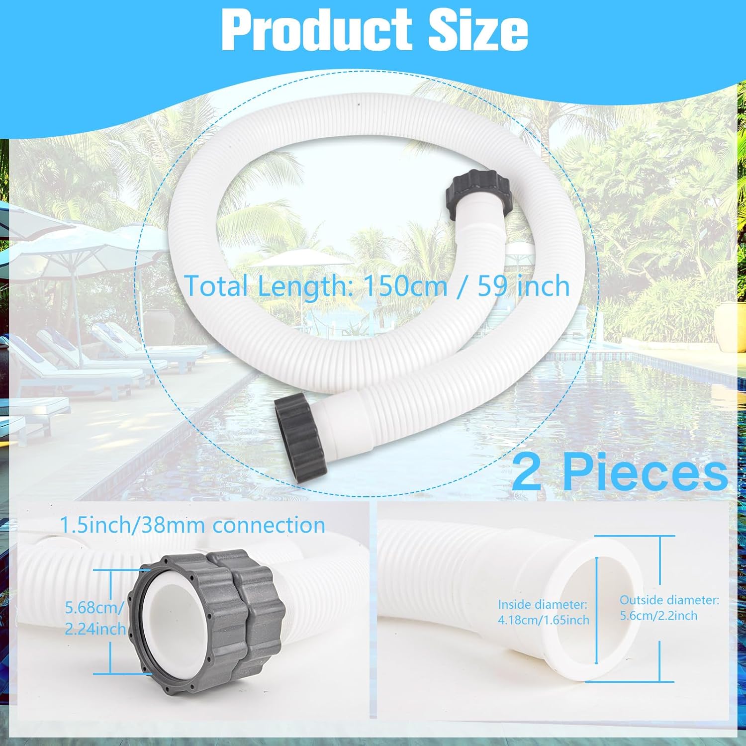 ChezMax 2 mangueras de repuesto de bomba de piscina de 1.5 pulgadas de diámetro para piscinas sobre el suelo, mangueras de piscina accesorios de 59