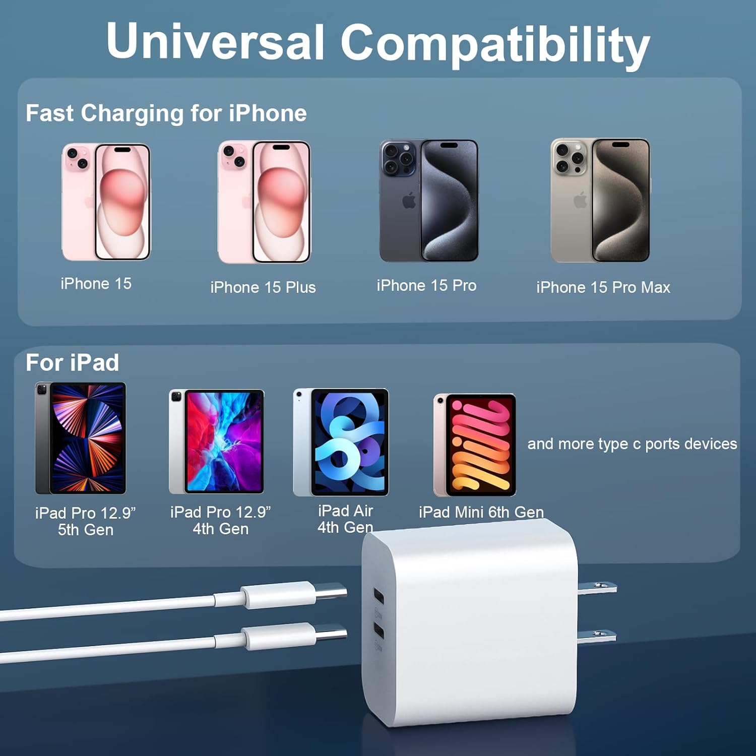 Cargador para iPhone 1515 Pro Max de carga rápida, bloque de carga USB C de doble puerto de 20 W con cable de carga USB C a C de 10 pies de largo
