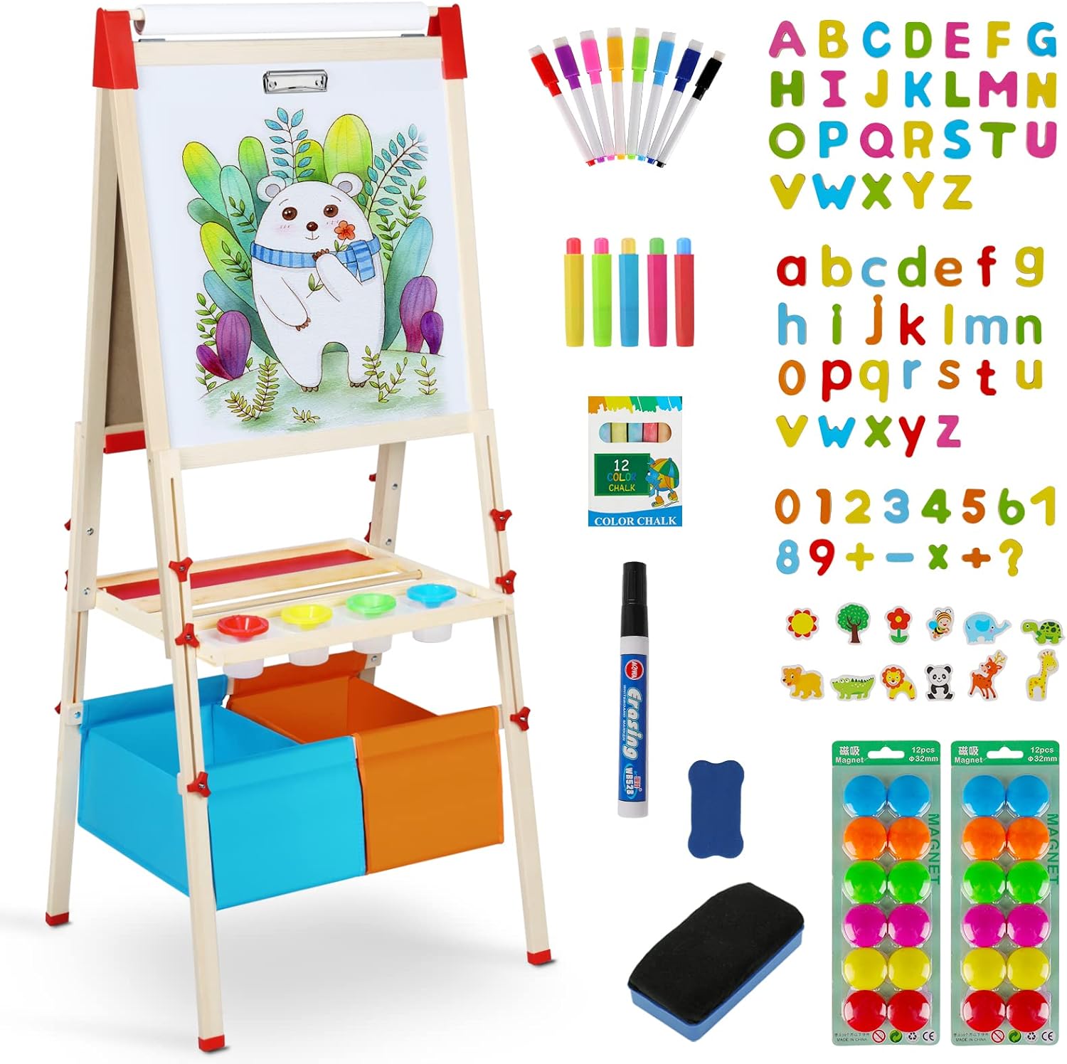 RenFox Caballete para niños, caballete de arte ajustable para niños, más de 140 accesorios, pizarra magnética de borrado en seco de doble cara y