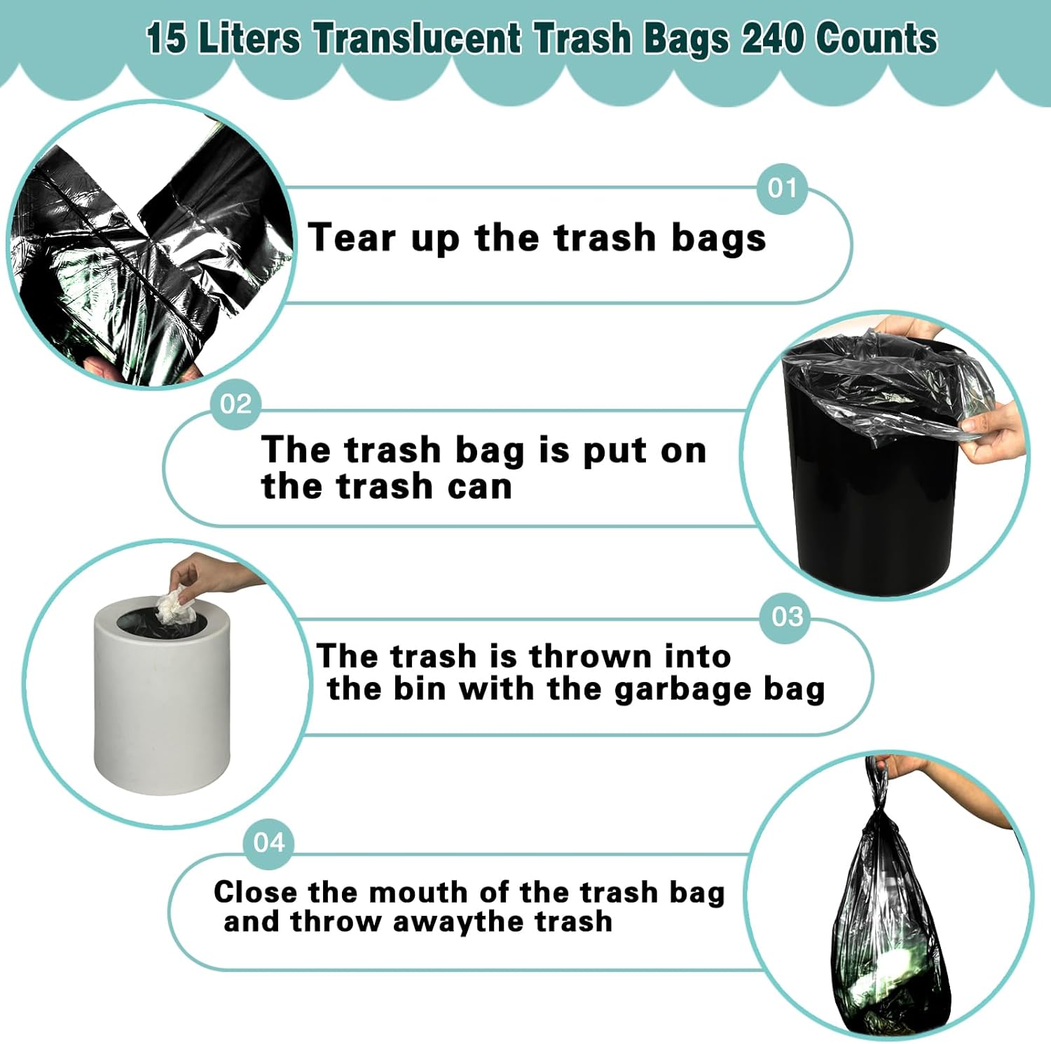 Bolsas de basura pequeñas con asa de 0.6 mil de grosor, 4 galones, bolsas de basura de 15 litros, 240 unidades para el hogar, oficina, cocina, baño,