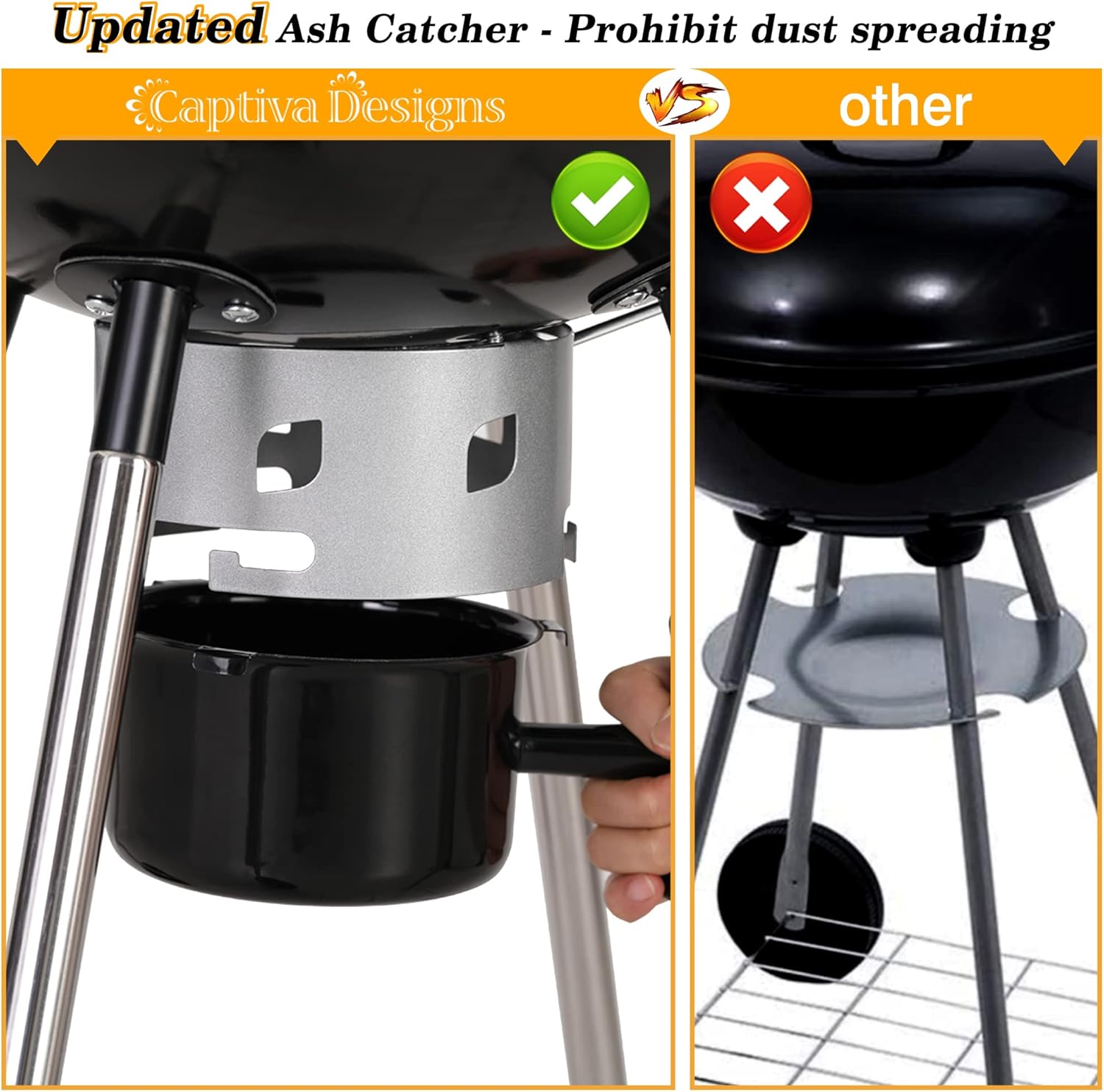 Captiva Designs Parrilla de barbacoa de carbón de 18 pulgadas con tapa y cuenco esmaltados de porcelana, rejilla gruesa cromada, atrapa cenizas