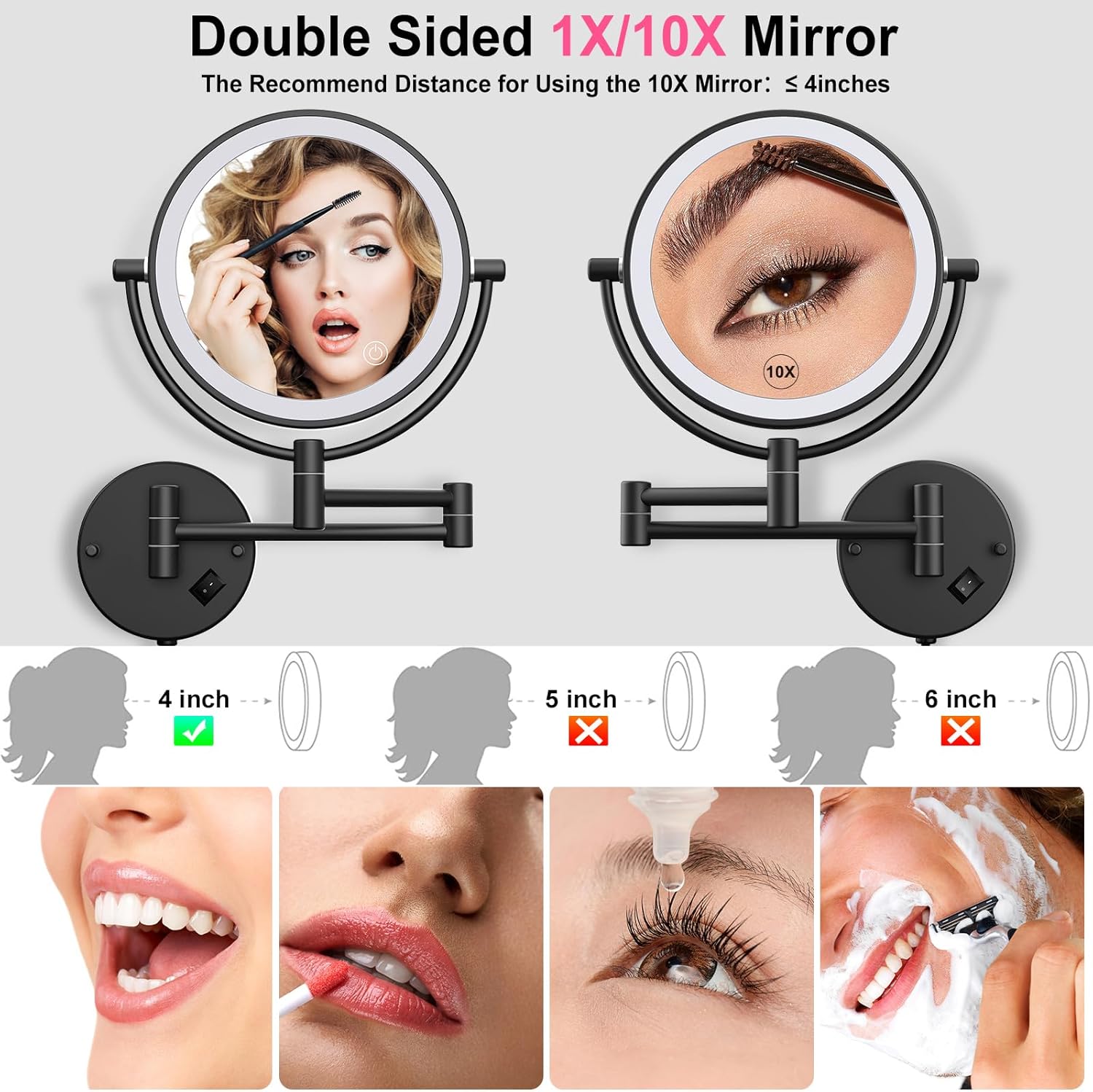 YMHSOLDR Espejo de maquillaje iluminado montado en la pared con 3 luces de color y atenuación continua, espejo cosmético de aumento de doble cara