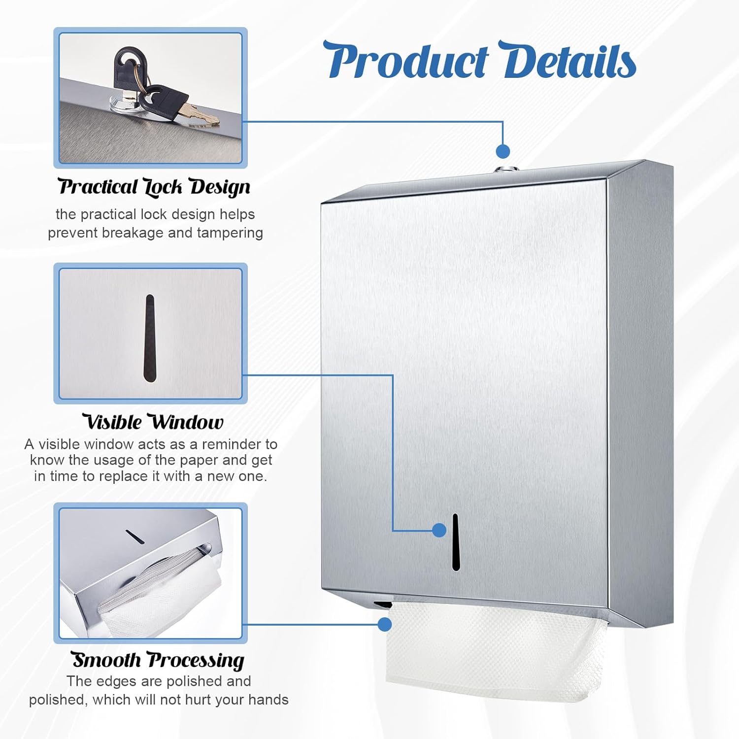Mifoci Dispensador de toallas de papel de acero inoxidable montado en la pared, dispensador de toallas de mano comercial con diseño de cerradura,