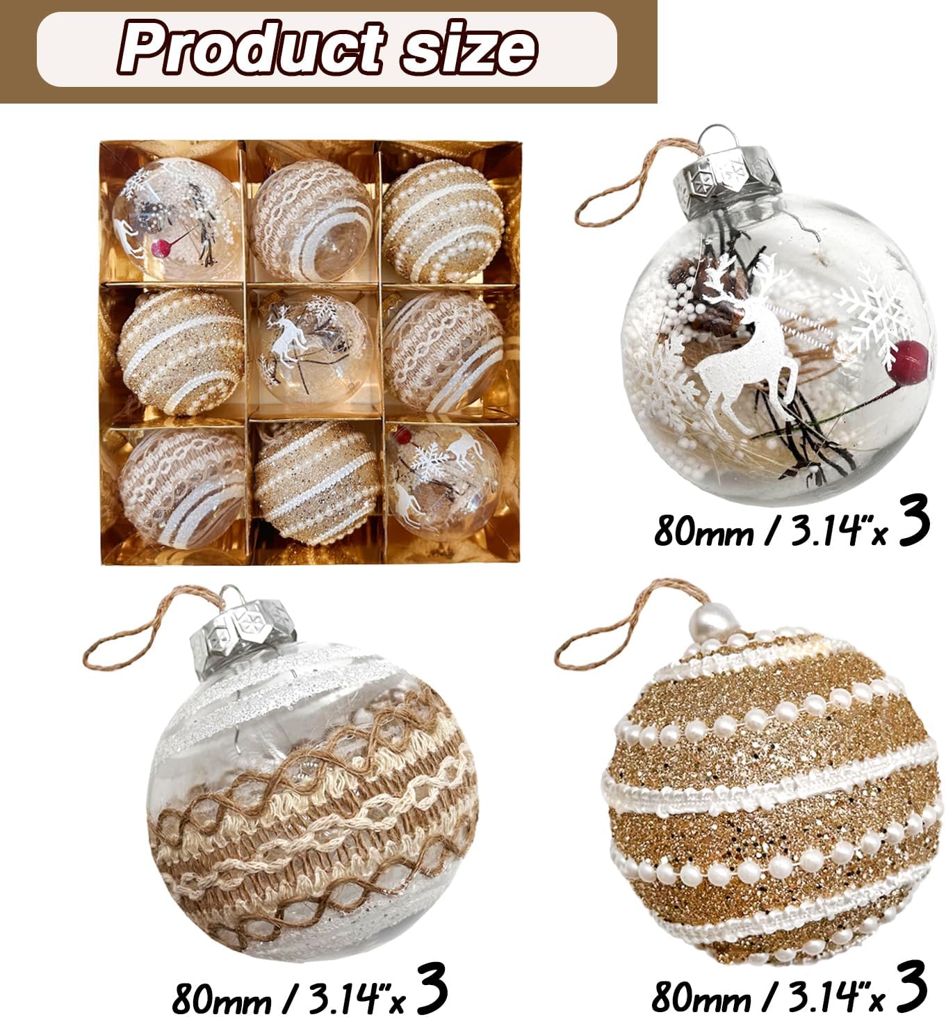 ORTIGIA Adornos de bola de Navidad inastillables, transparentes, grandes, rústicas, para árboles de Navidad, delicados adornos colgantes para