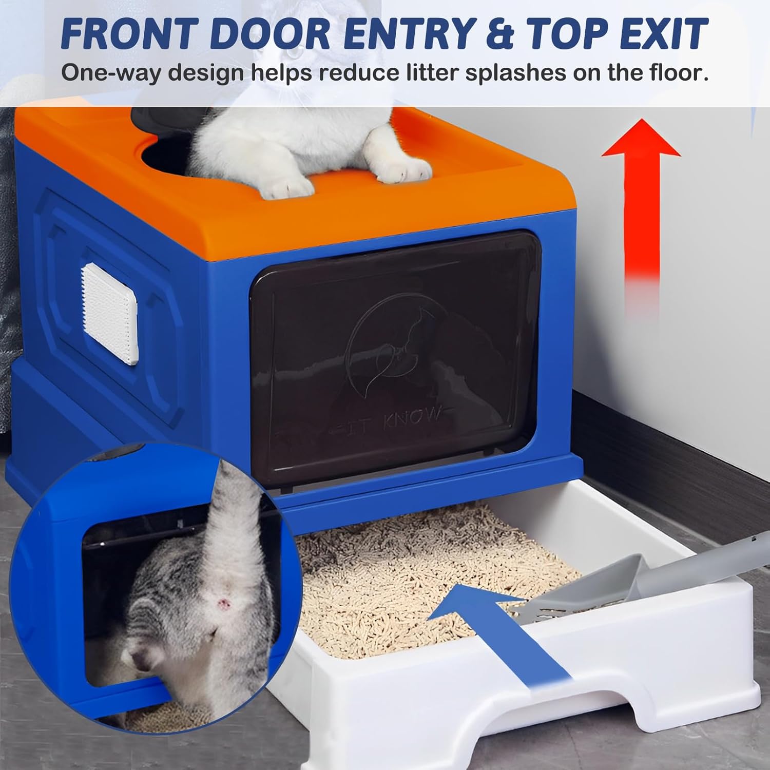 Fhiny Caja de arena plegable para gatos con tapa, inodoro cerrado para gatos de interior, bandeja de arena antisalpicaduras para gatos con auto aseo
