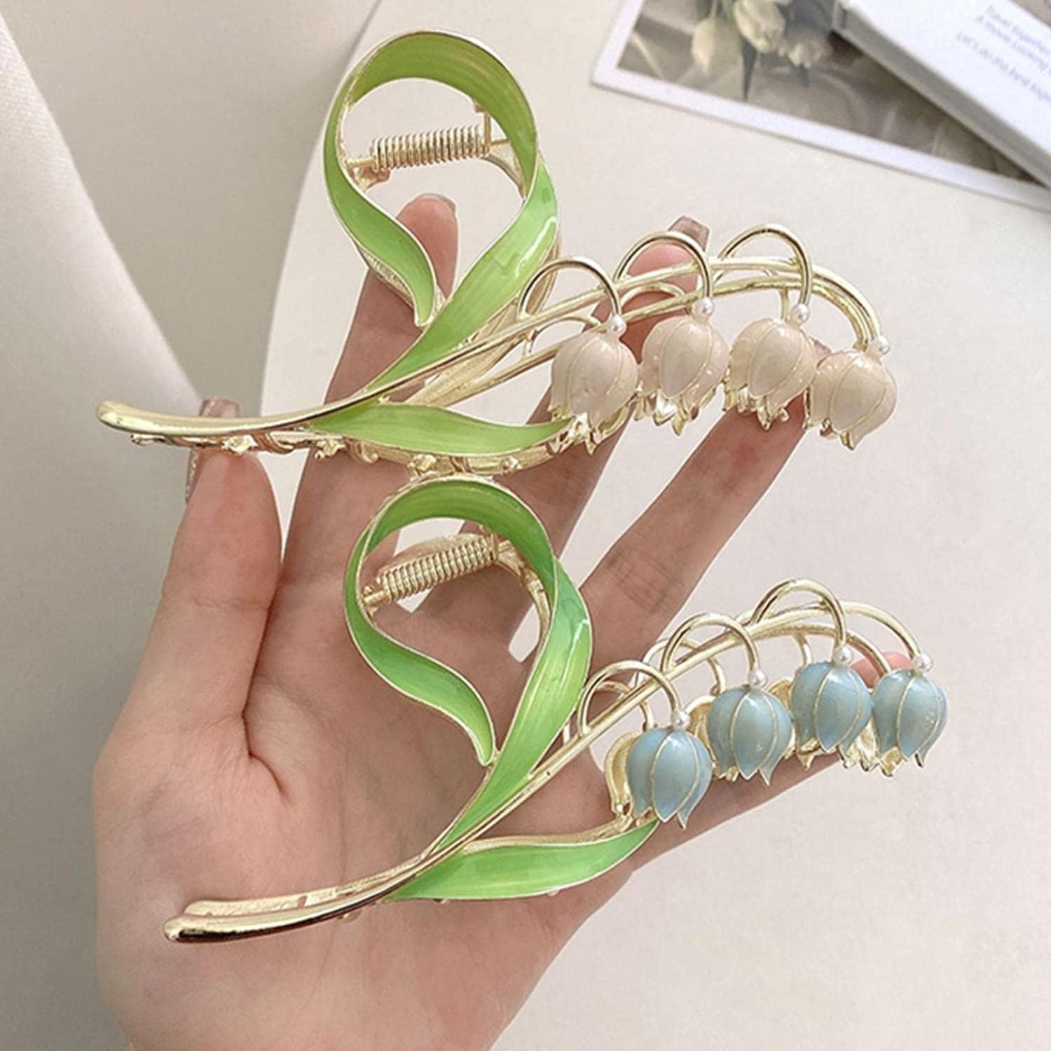 2 pinzas para el cabello con diseño de flores de lirio del valle, pinzas para el cabello de orquídea mandíbula de lirio, horquilla de metal con