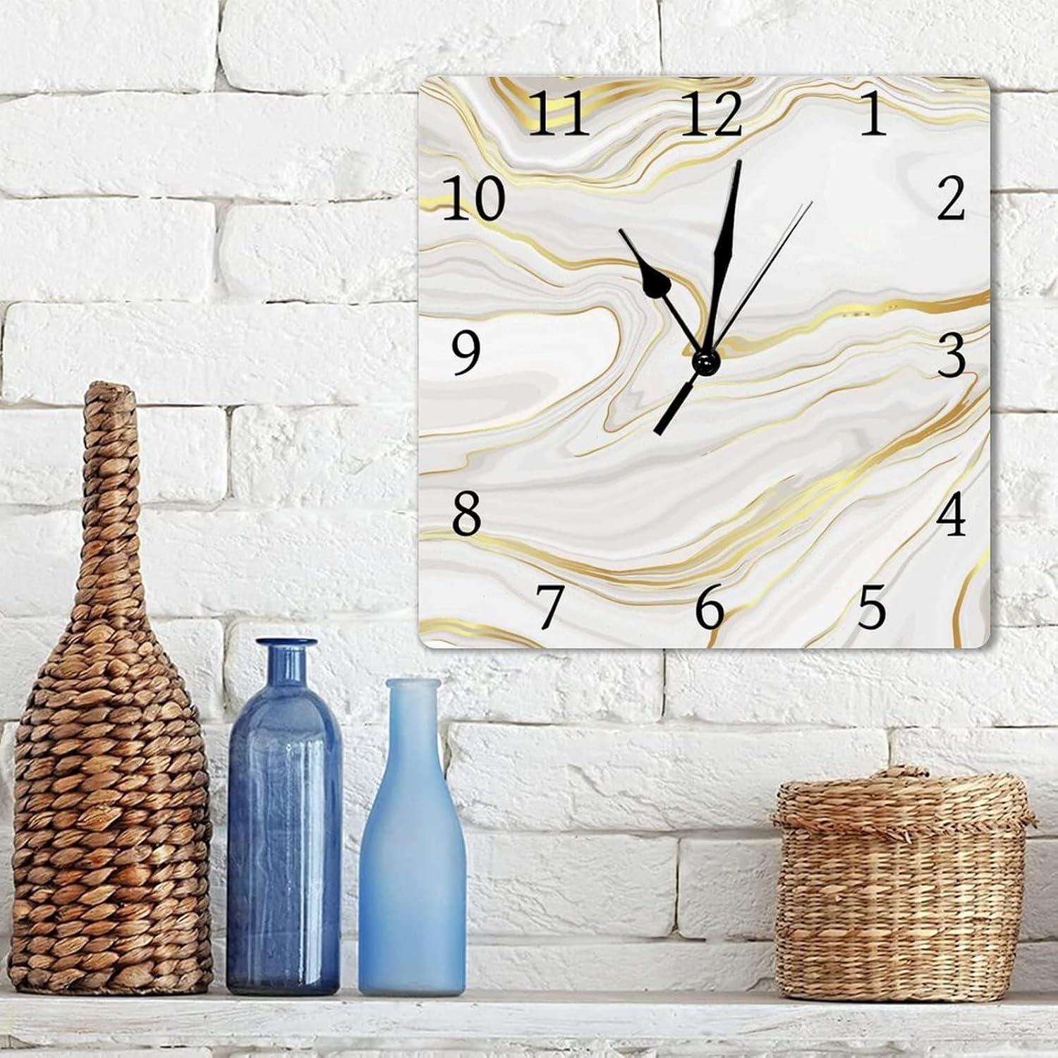 Reloj de pared cuadrado de PVC con fondo de mármol dorado, funciona con pilas, silencioso, sin tictac, 12 x 12 pulgadas, para decoración del hogar,