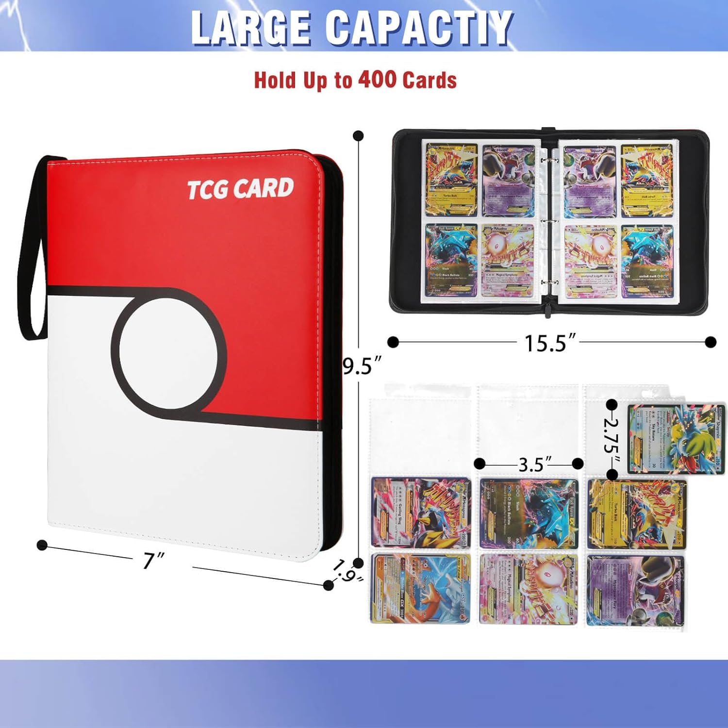 Carpeta de tarjetas de 4 bolsillos, 400 bolsillos, portatarjetas portátil con 50 fundas para coleccionista, TCG-Rojo