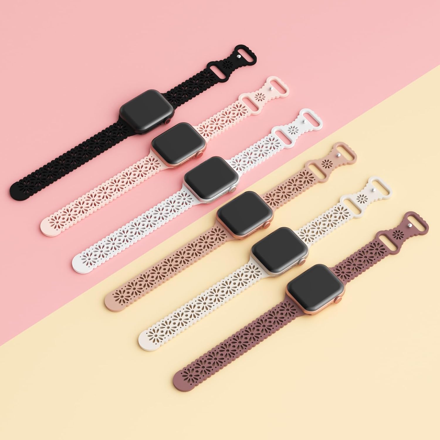Paquete de 6 correas de silicona huecas de encaje compatibles con Apple Watch de 1.496 in 1.575 in 1.614 in 1.654 in 1.732 in 1.772 in 1.929 in,