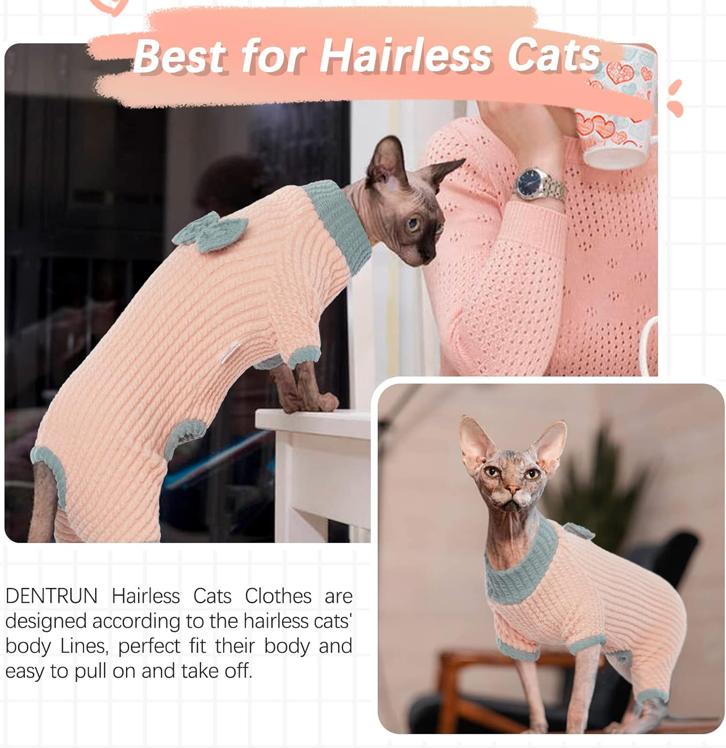 DENTRUN Sphynx – Suéter de invierno cálido para gatos sin pelo, lindo suéter de alta elasticidad, camisas de gatito, transpirable, para ocio,
