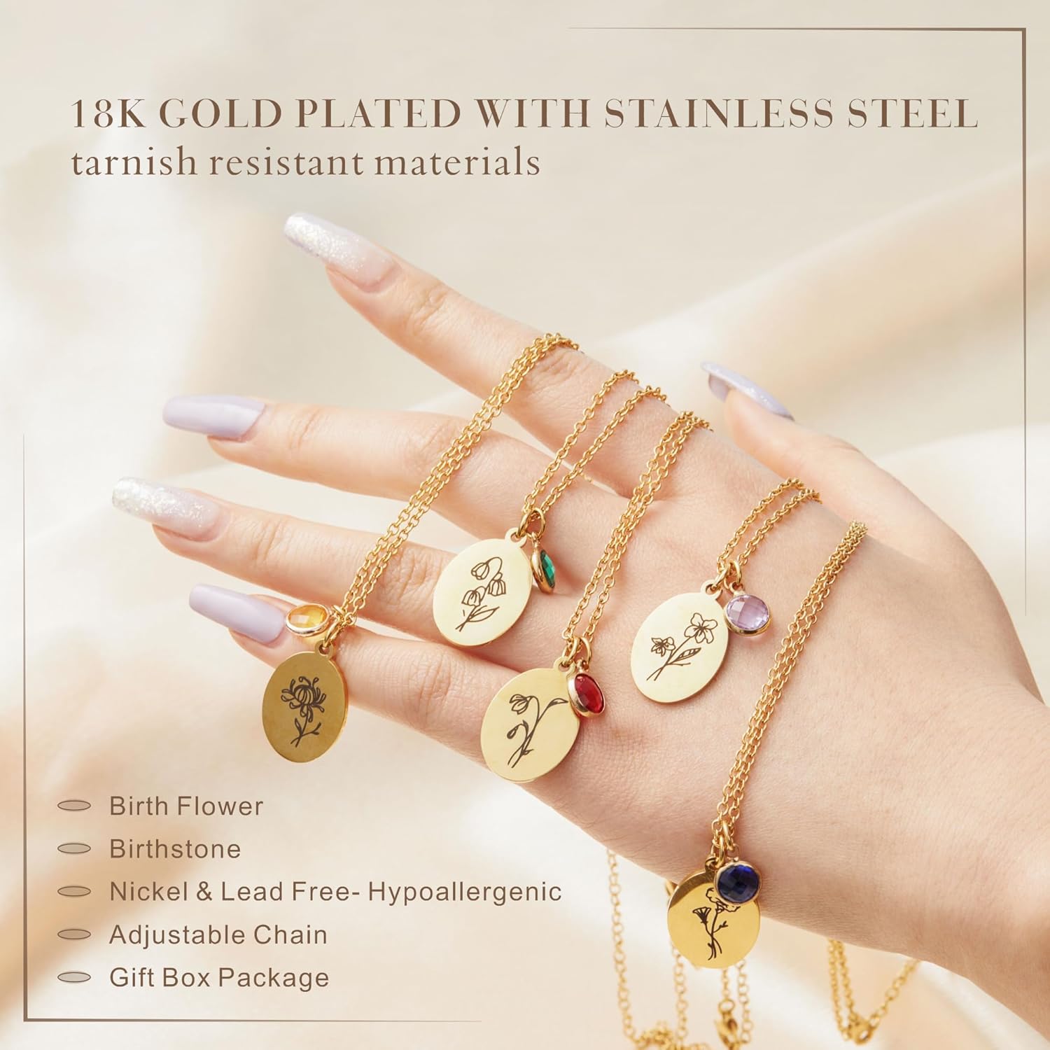 Birth Flower Necklaces for Women Trendy, 18K Gold Plated Dainty Birthstone Pendant Necklace Handmade Oval Coin Birthday Gifts for Women Girls Teens