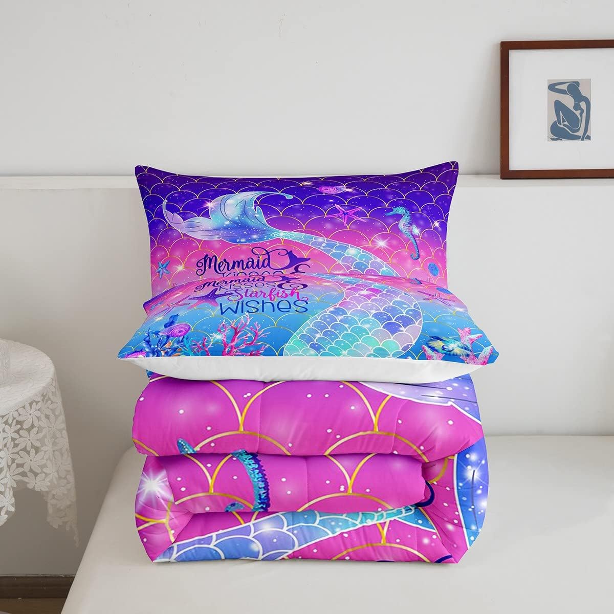 Erosebridal Juego de edredón Queen con escamas de pez, juego de ropa de cama neón con purpurina galaxia pastel para niños y niñas, juego de edredón