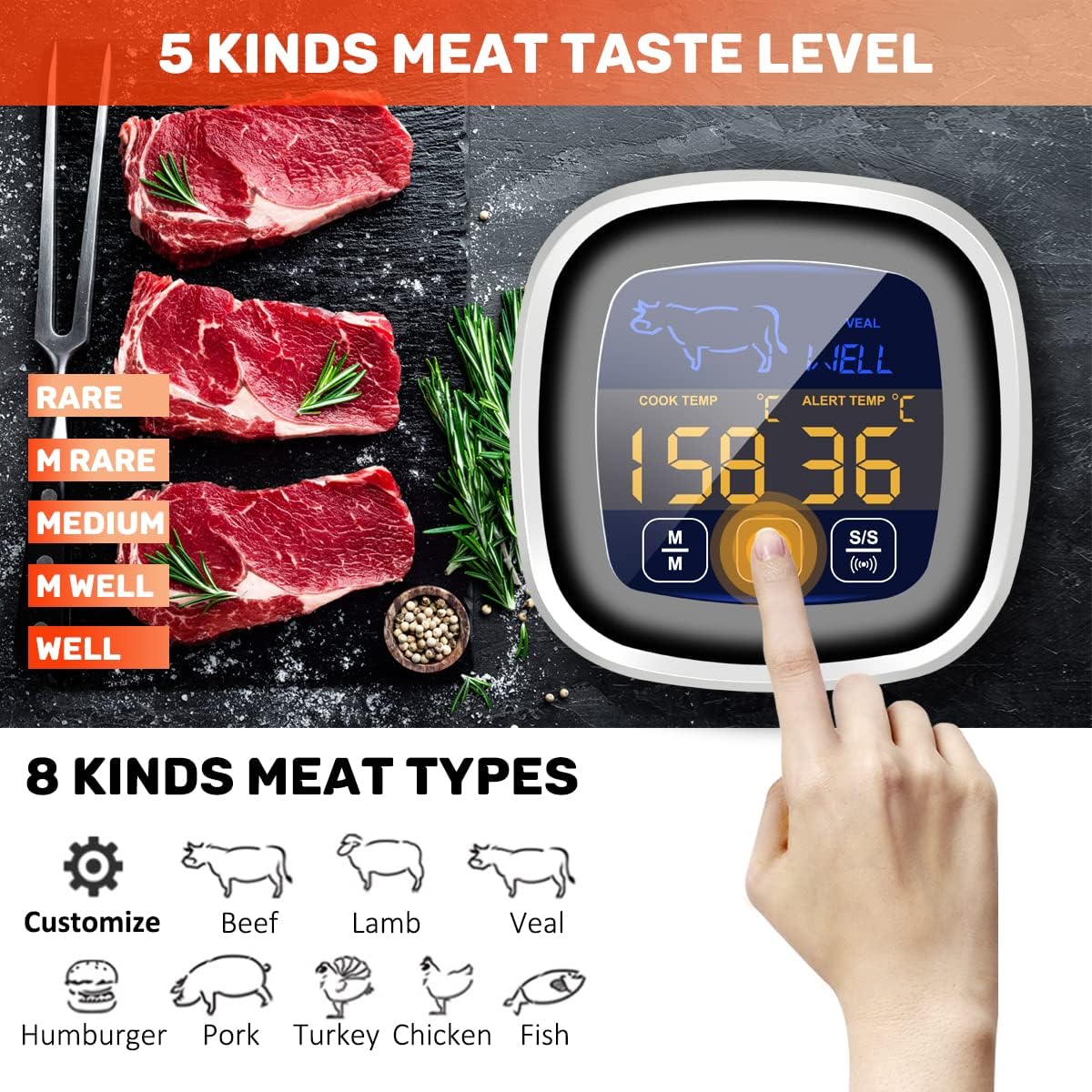 Vedozo Giveme5 – Termómetro digital de carne para cocinar, pantalla táctil LCD de lectura instantánea, termómetro de alimentos con sonda larga,