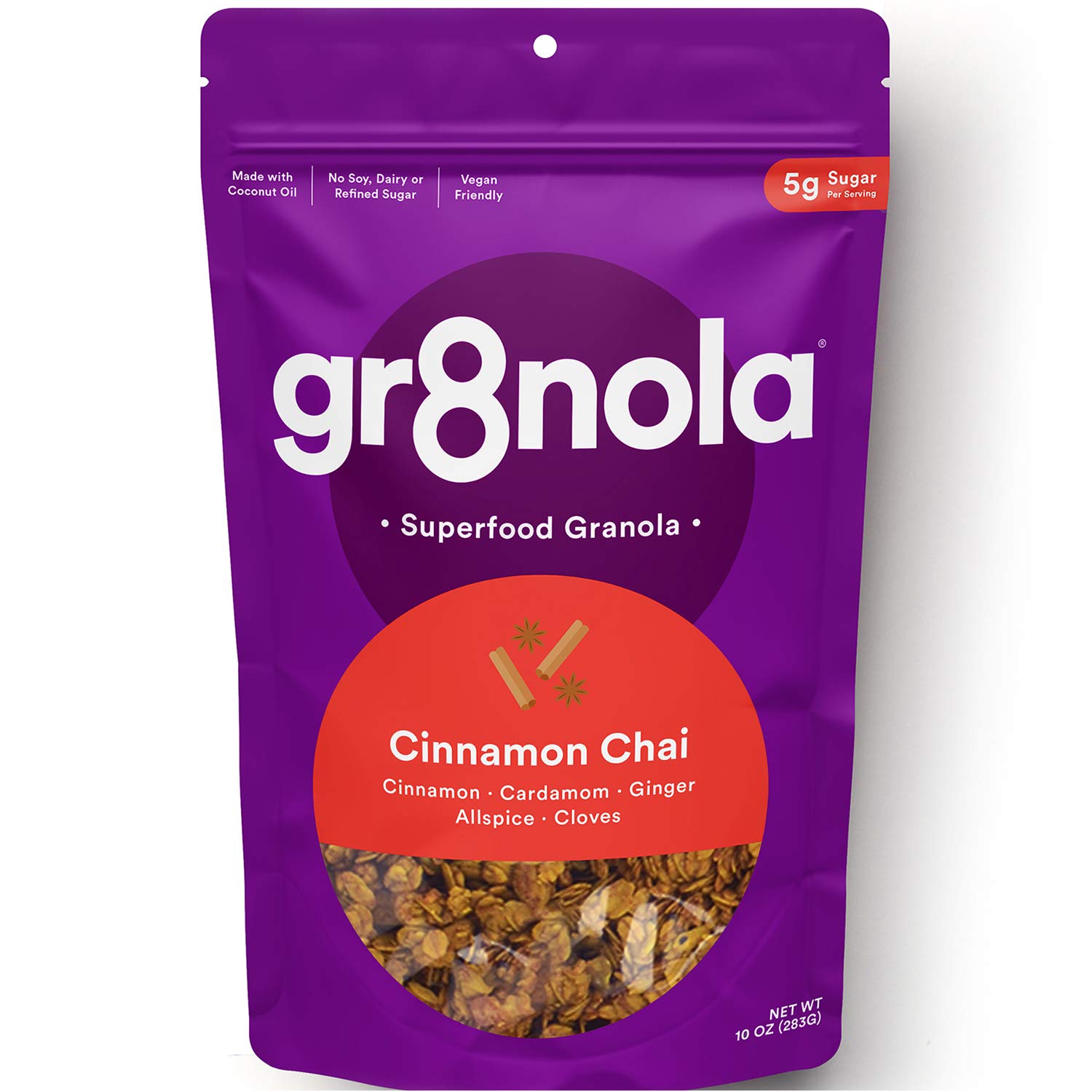 gr8nola CINNAMON CHAI  Cereal de granola vegano, saludable, bajo azúcar, hecho con superalimentos canela, jengibre y cardamomo, sin soja, sin