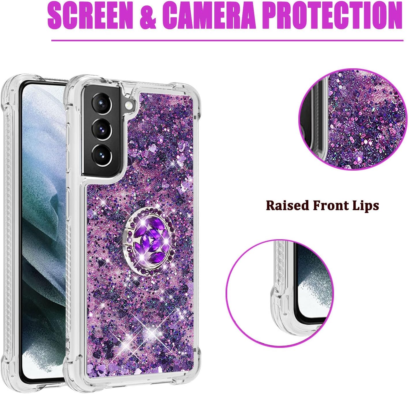 Asuwish Funda de teléfono para Samsung Galaxy S21 5G de 6.2 pulgadas con protector de pantalla y soporte para anillo con purpurina líquida brillante