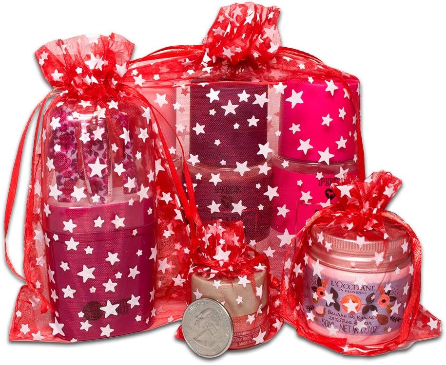 The Display Guys – Paquete de 100 bolsas de regalo de organza transparente de 4 x 6 pulgadas con cordón (mediano), estrellas metálicas (rojoblanco)