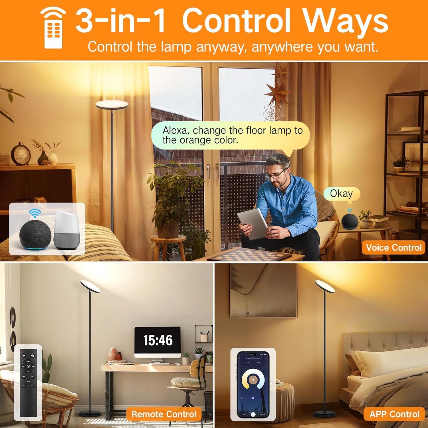 OUTON Lámpara de pie LED inteligente, 30 W3000 lúmenes, regulable, brillante, lámpara de cielo, compatible con Alexa Google Home, control remoto