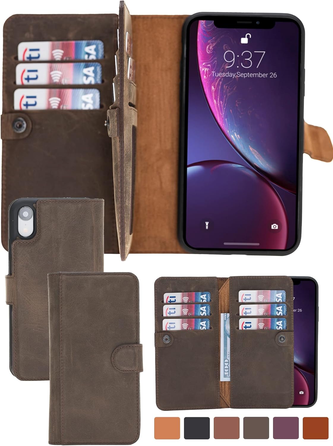 Funda de piel auténtica de alta calidad hecha a mano para iPhone 11 Pro Max de 6.5 pulgadas, tarjetero doble, funda magnética desmontable, función