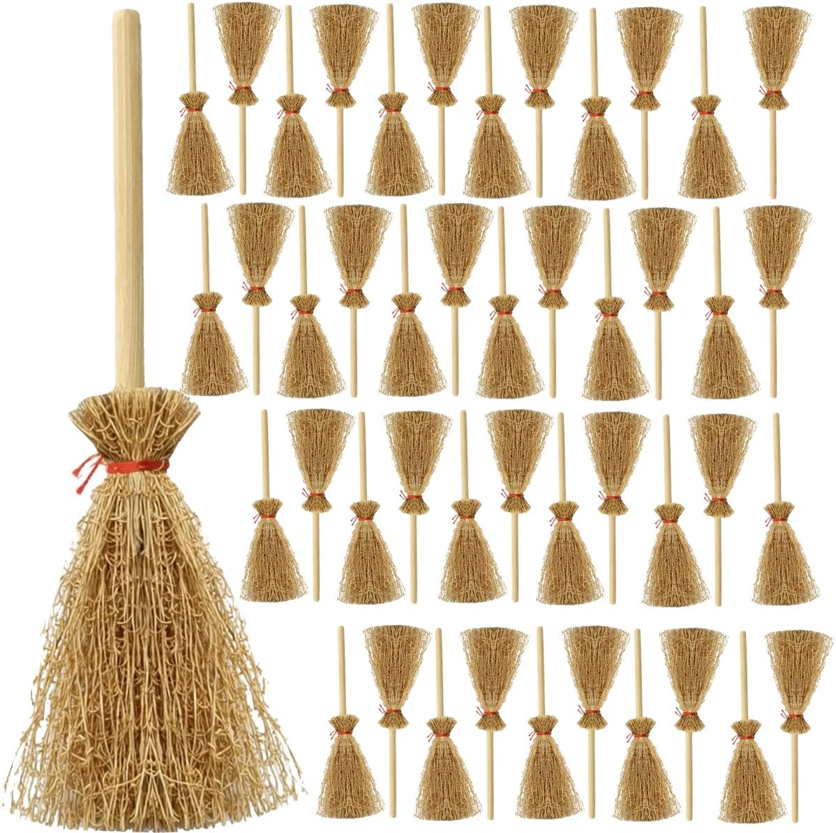 TIHOOD 50 piezas de mini escobas colgantes de pajilla, decoración artesanal, escobas artificiales en miniatura, escobas de bruja de simulación para