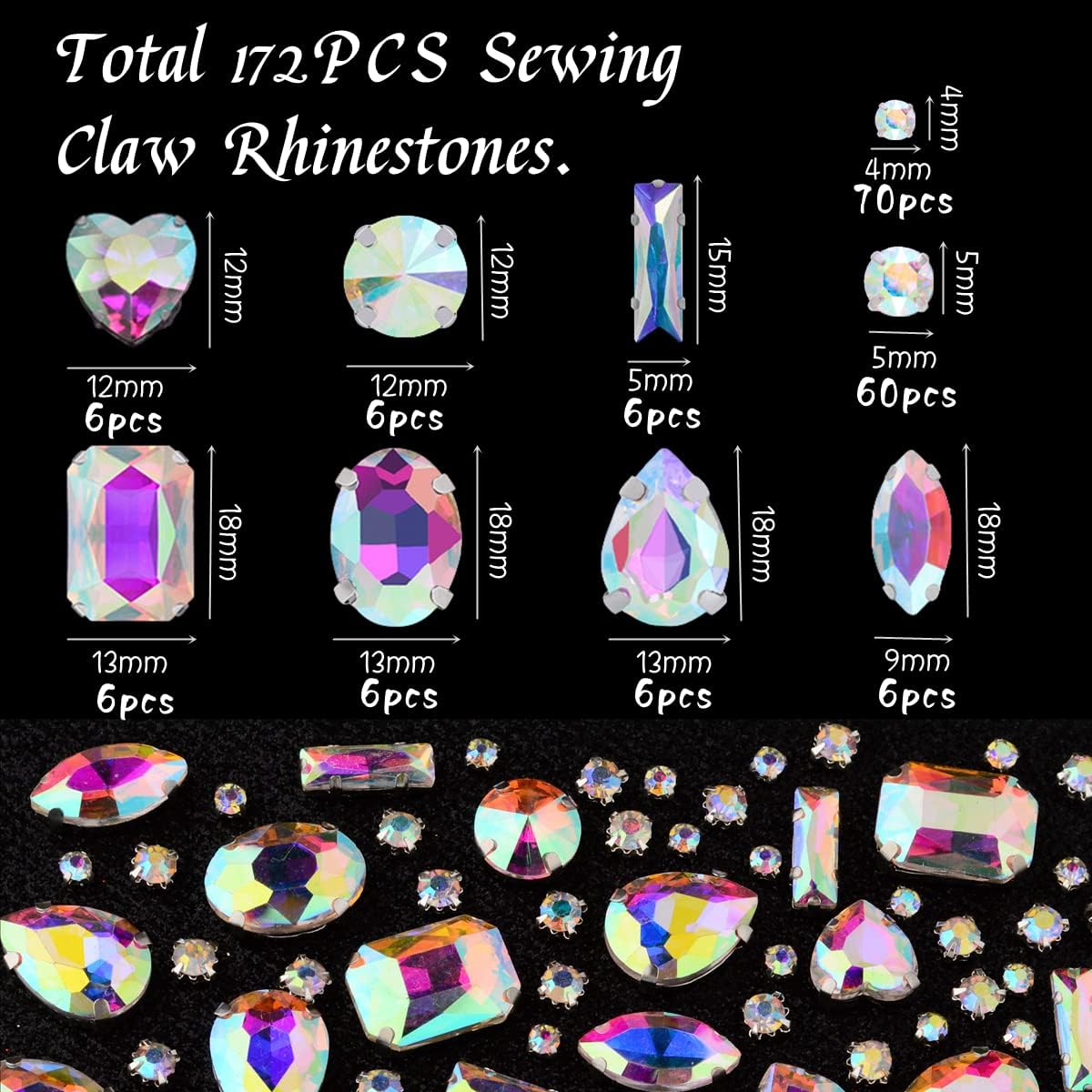Umillars 172 piezas de diamantes de imitación de cristal para coser, gemas de cristal con parte trasera plana con garra de plata para joyas, ropa,