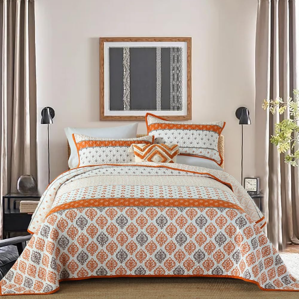 Edredón tamaño King juego de edredón floral 100% algodón, color naranja, suave, ligero, tamaño King, edredón reversible con 2 fundas de almohada